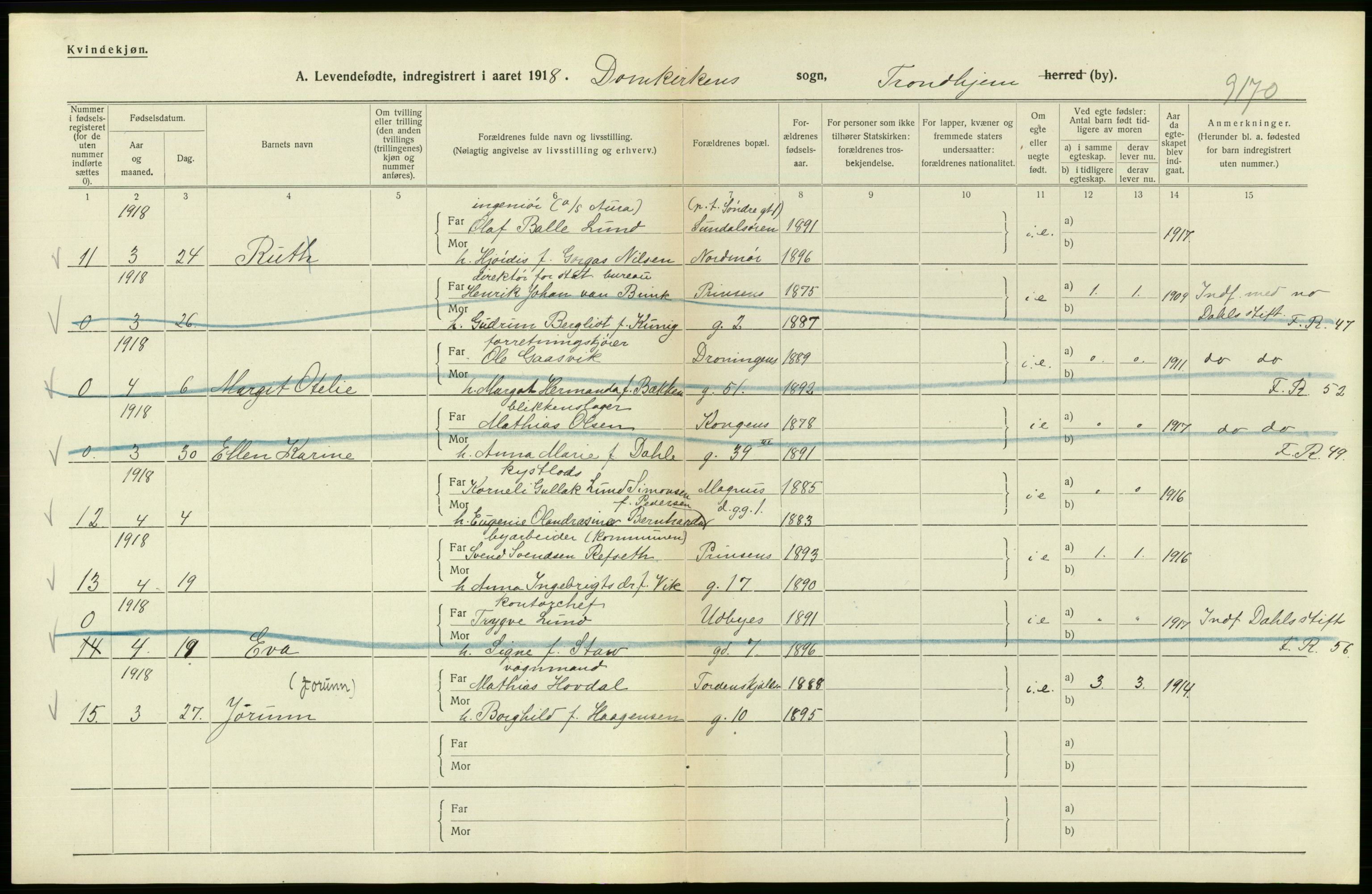 Statistisk sentralbyrå, Sosiodemografiske emner, Befolkning, AV/RA-S-2228/D/Df/Dfb/Dfbh/L0048: Trondheim: Levendefødte menn og kvinner, gifte., 1918, s. 540