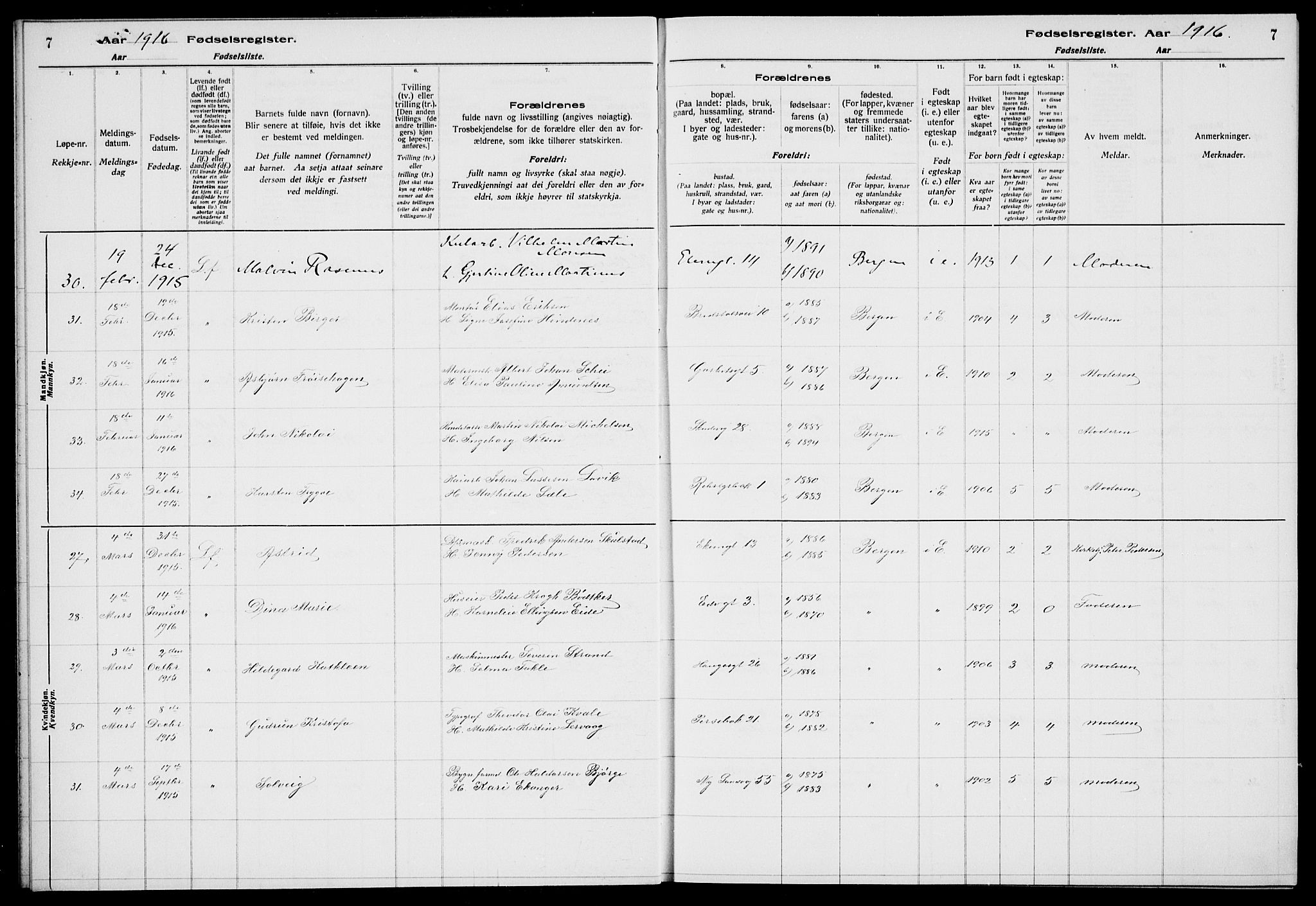 Sandviken Sokneprestembete, AV/SAB-A-77601/I/Ib/L00A1: Fødselsregister nr. A 1, 1915-1920, s. 7
