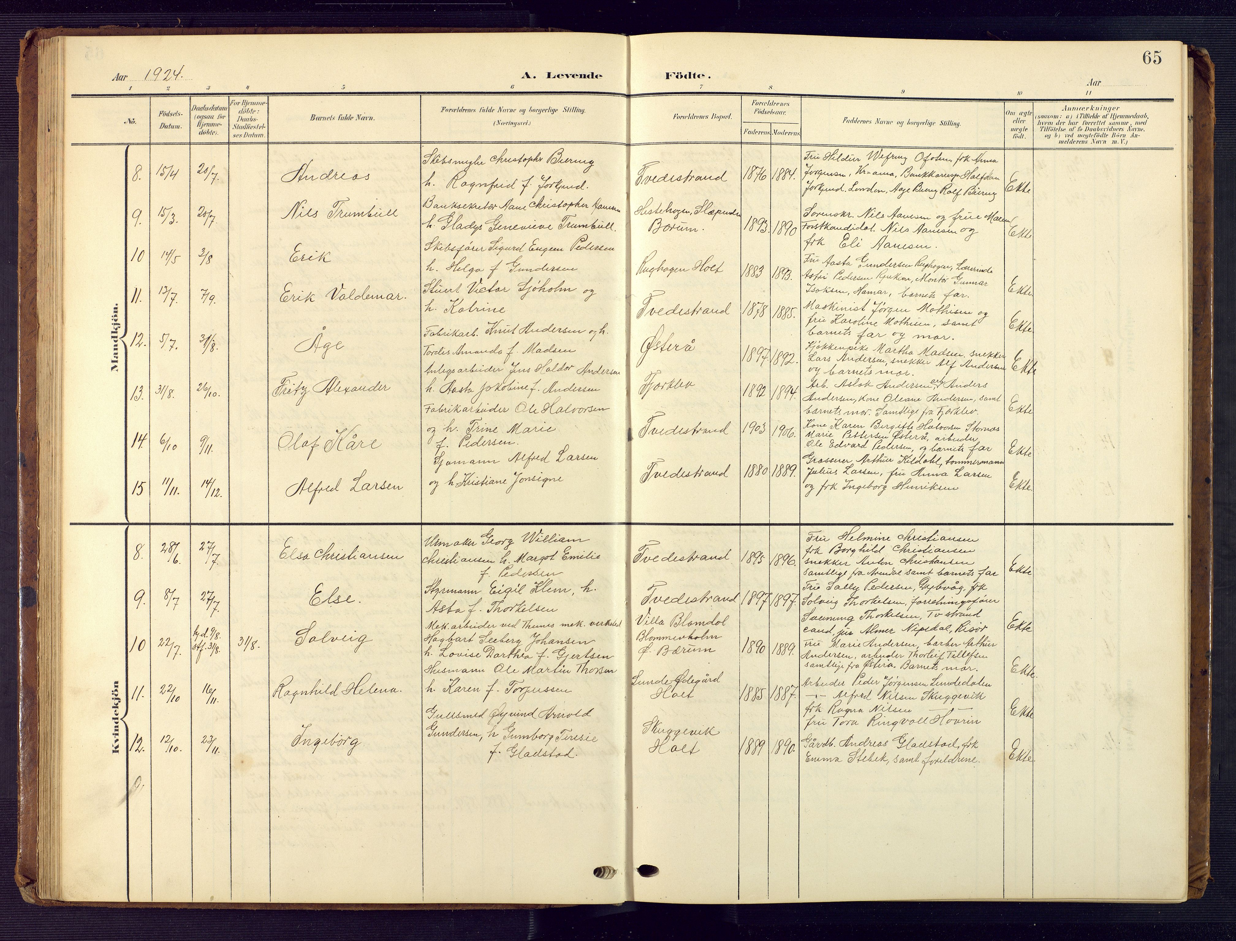 Tvedestrand sokneprestkontor, AV/SAK-1111-0042/F/Fb/L0001: Klokkerbok nr. B 1, 1902-1956, s. 65