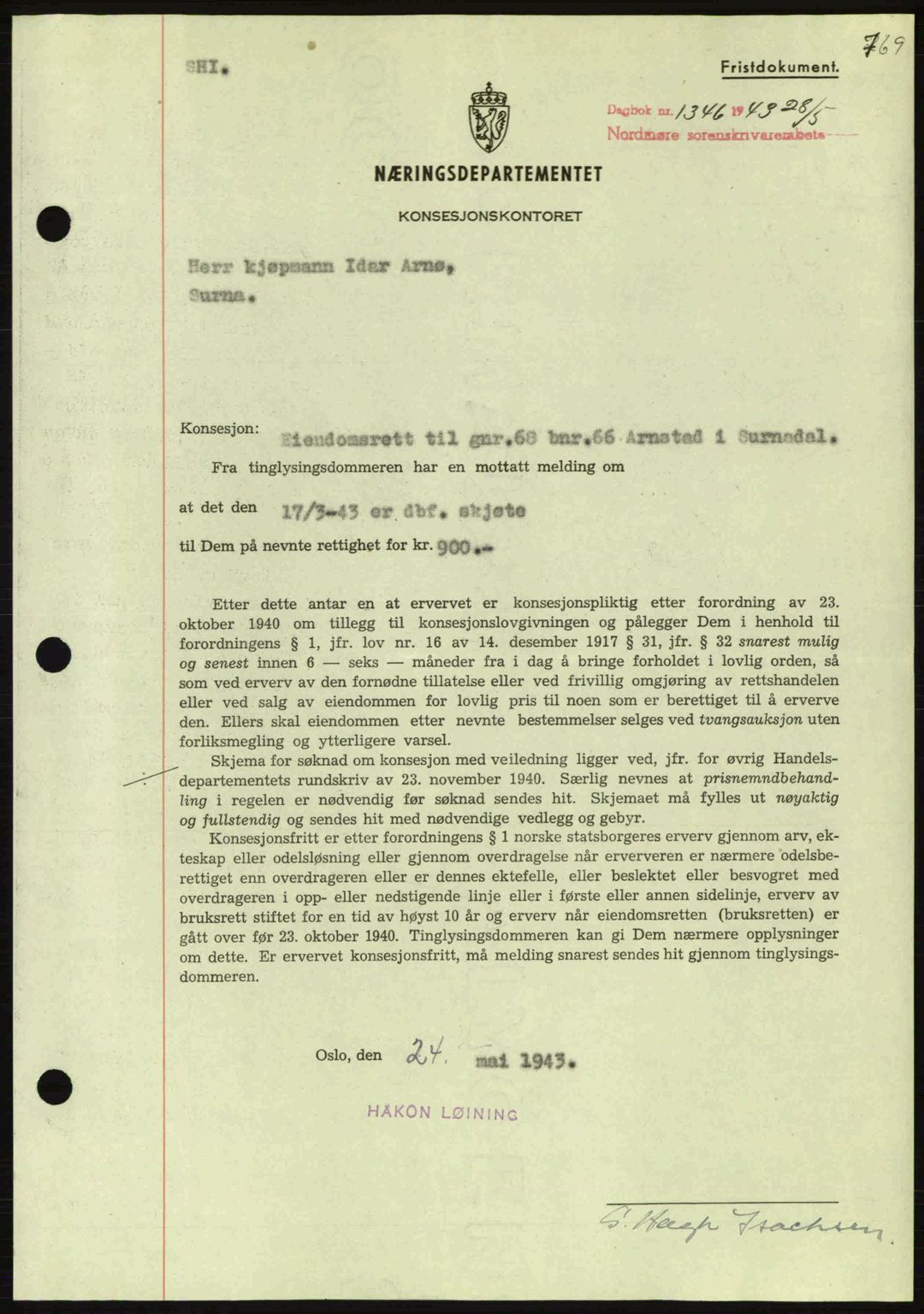 Nordmøre sorenskriveri, SAT/A-4132/1/2/2Ca: Pantebok nr. B90, 1942-1943, Dagboknr: 1346/1943