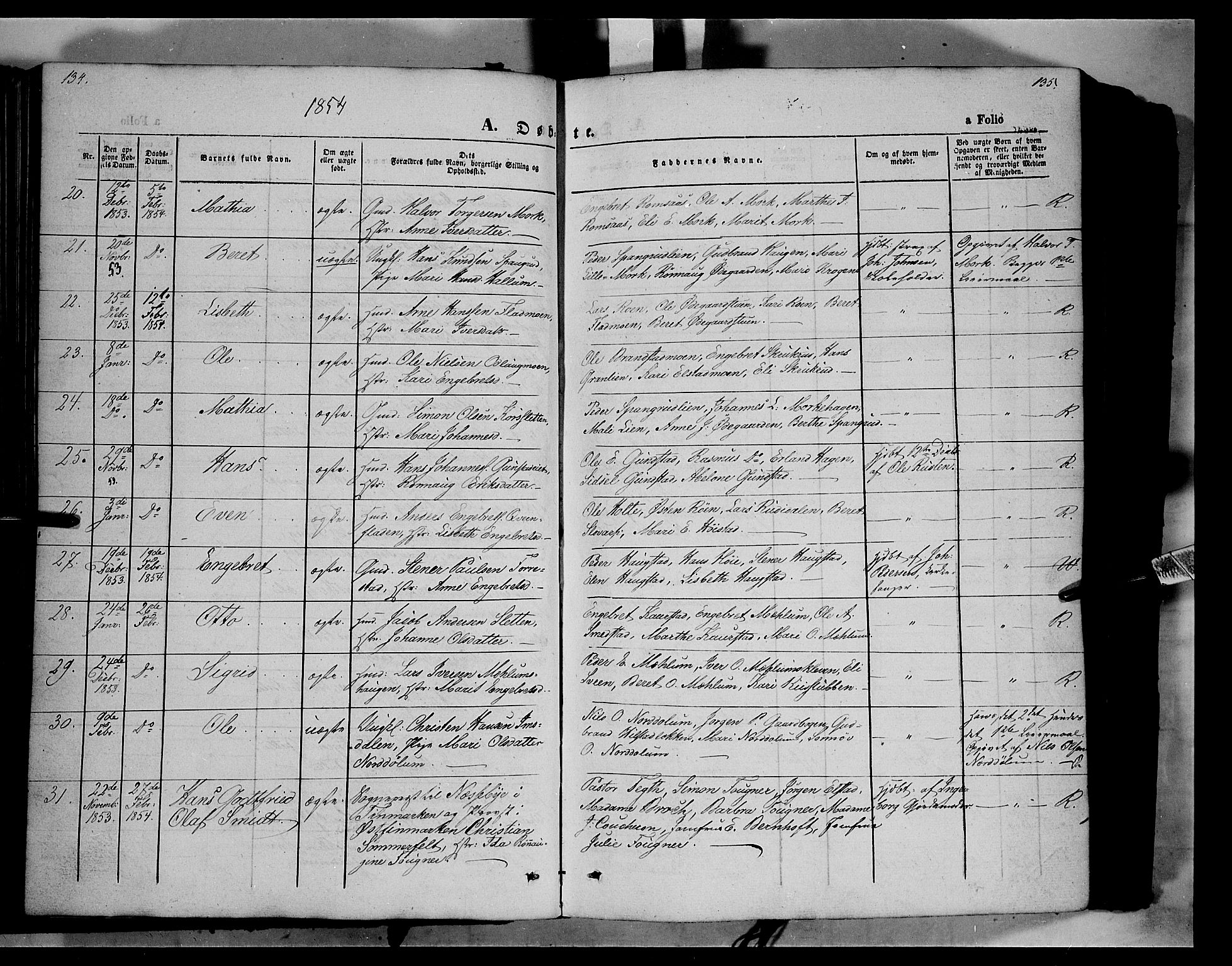 Ringebu prestekontor, AV/SAH-PREST-082/H/Ha/Haa/L0006: Ministerialbok nr. 6, 1848-1859, s. 134-135