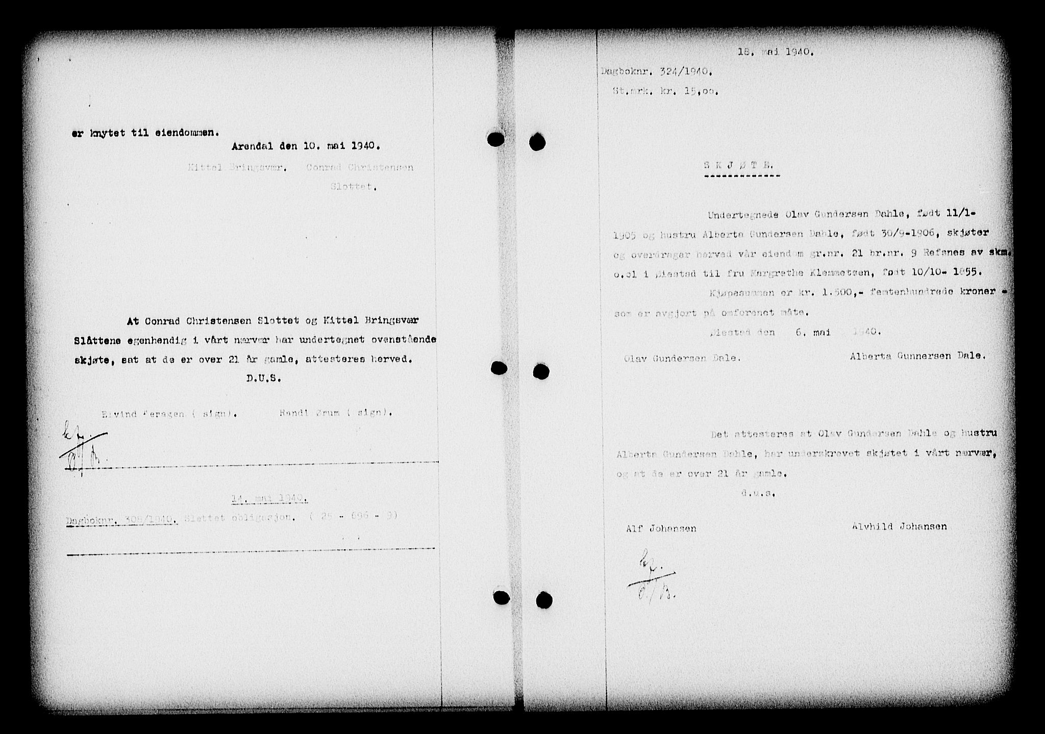Nedenes sorenskriveri, SAK/1221-0006/G/Gb/Gba/L0047: Pantebok nr. A-I, 1939-1940, Dagboknr: 324/1940