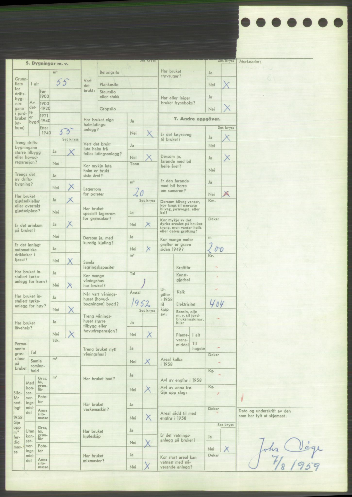 Statistisk sentralbyrå, Næringsøkonomiske emner, Jordbruk, skogbruk, jakt, fiske og fangst, AV/RA-S-2234/G/Gd/L0373: Rogaland: 1130 Strand (kl. 1-2), 1131 Årdal og 1132 Fister, 1959, s. 1184