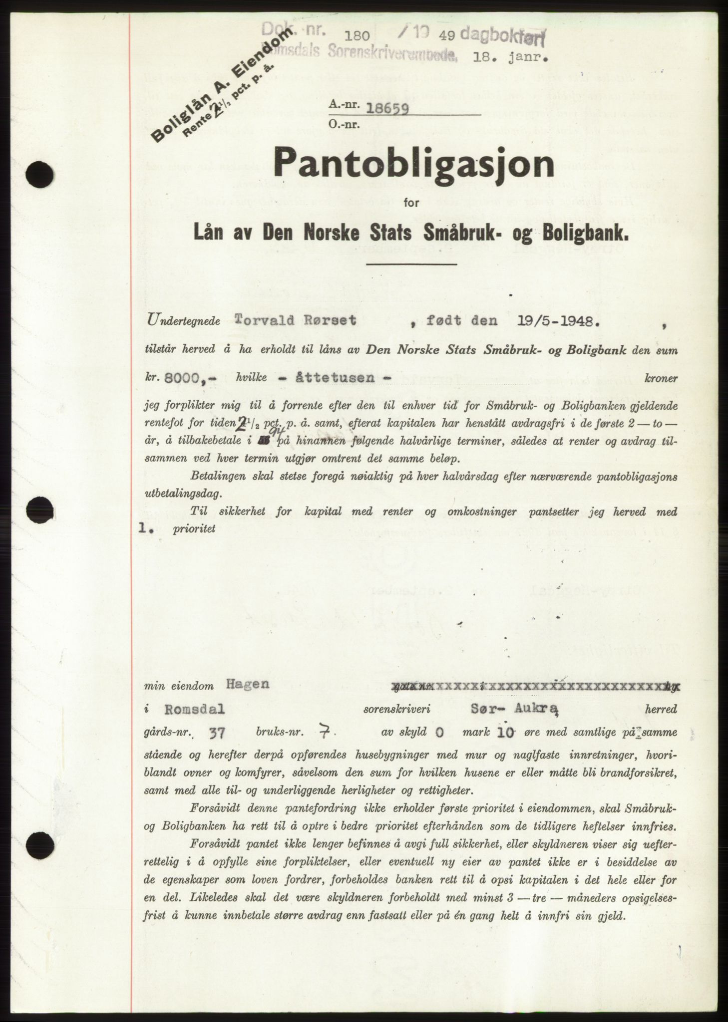 Romsdal sorenskriveri, AV/SAT-A-4149/1/2/2C: Pantebok nr. B4, 1948-1949, Dagboknr: 180/1949