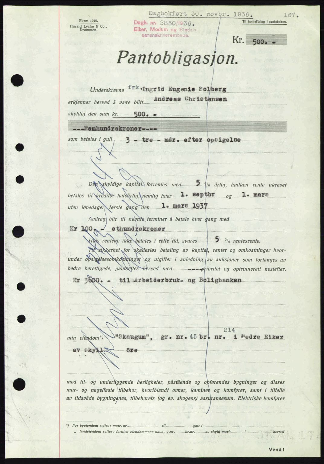 Eiker, Modum og Sigdal sorenskriveri, SAKO/A-123/G/Ga/Gab/L0034: Pantebok nr. A4, 1936-1937, Dagboknr: 2850/1936