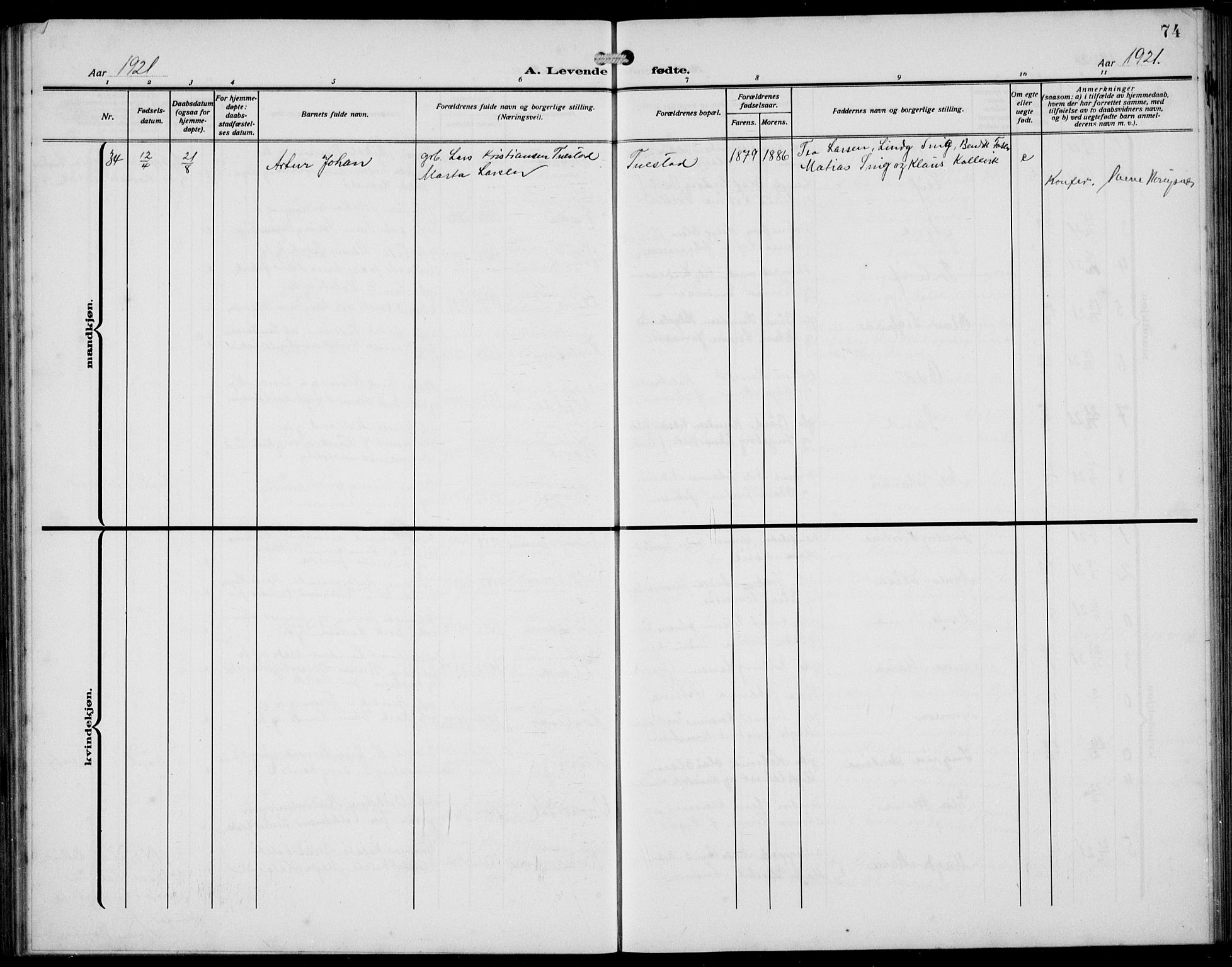 Avaldsnes sokneprestkontor, SAST/A -101851/H/Ha/Hab/L0008: Klokkerbok nr. B 8, 1910-1939, s. 74