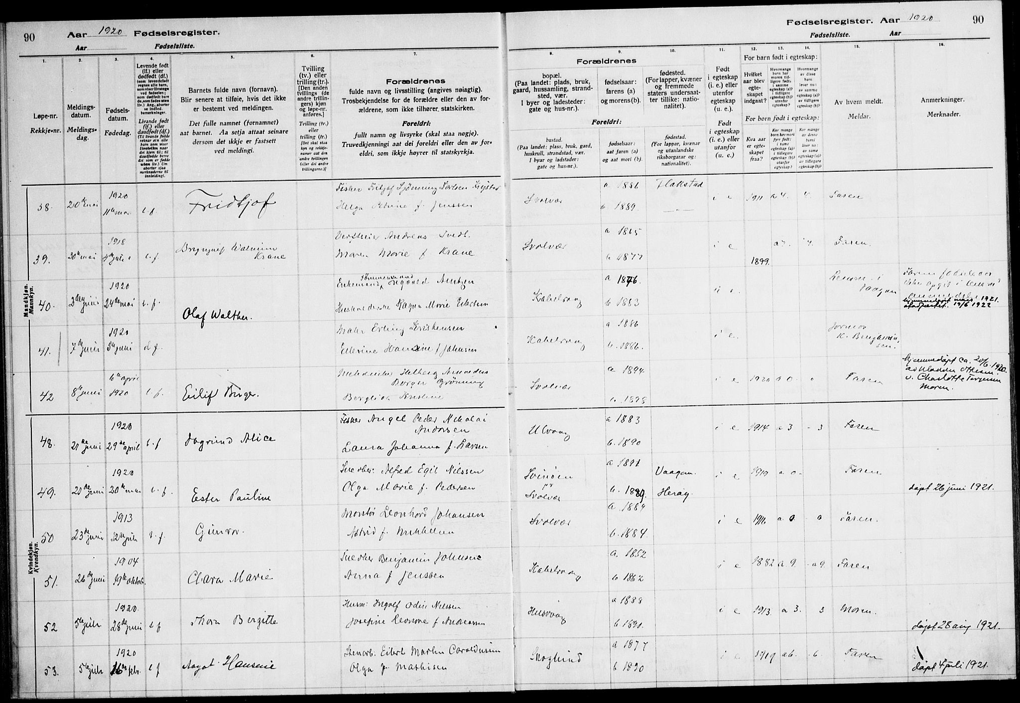 Ministerialprotokoller, klokkerbøker og fødselsregistre - Nordland, SAT/A-1459/874/L1089: Fødselsregister nr. 874.II.4.1, 1916-1926, s. 90