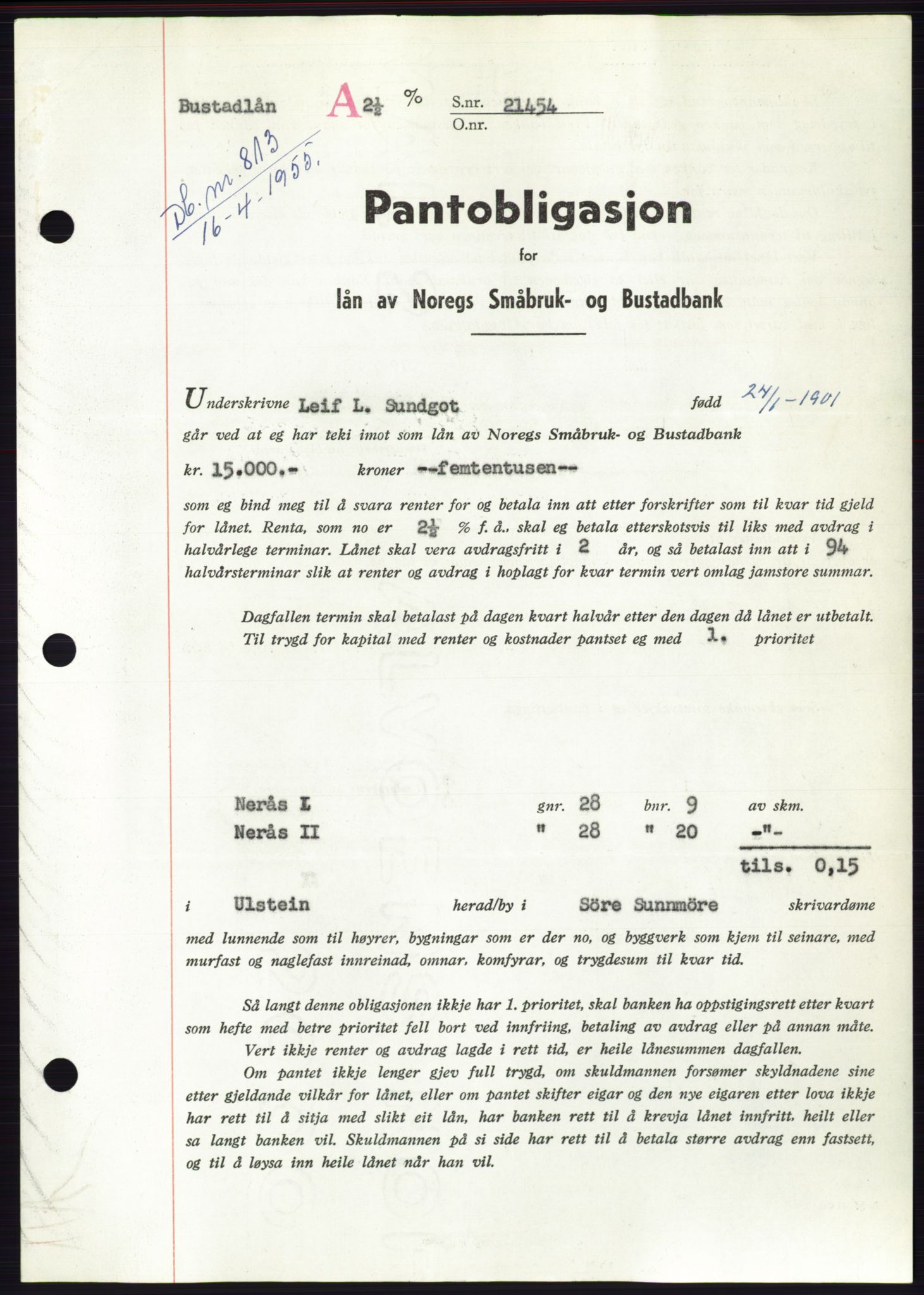 Søre Sunnmøre sorenskriveri, AV/SAT-A-4122/1/2/2C/L0126: Pantebok nr. 14B, 1954-1955, Dagboknr: 813/1955