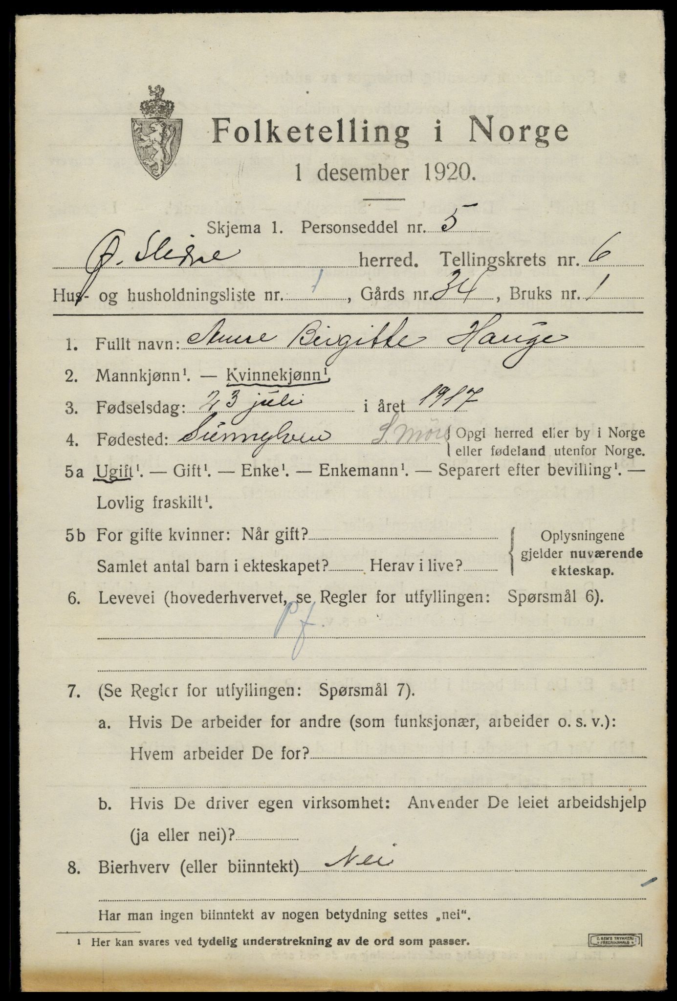 SAH, Folketelling 1920 for 0544 Øystre Slidre herred, 1920, s. 3409