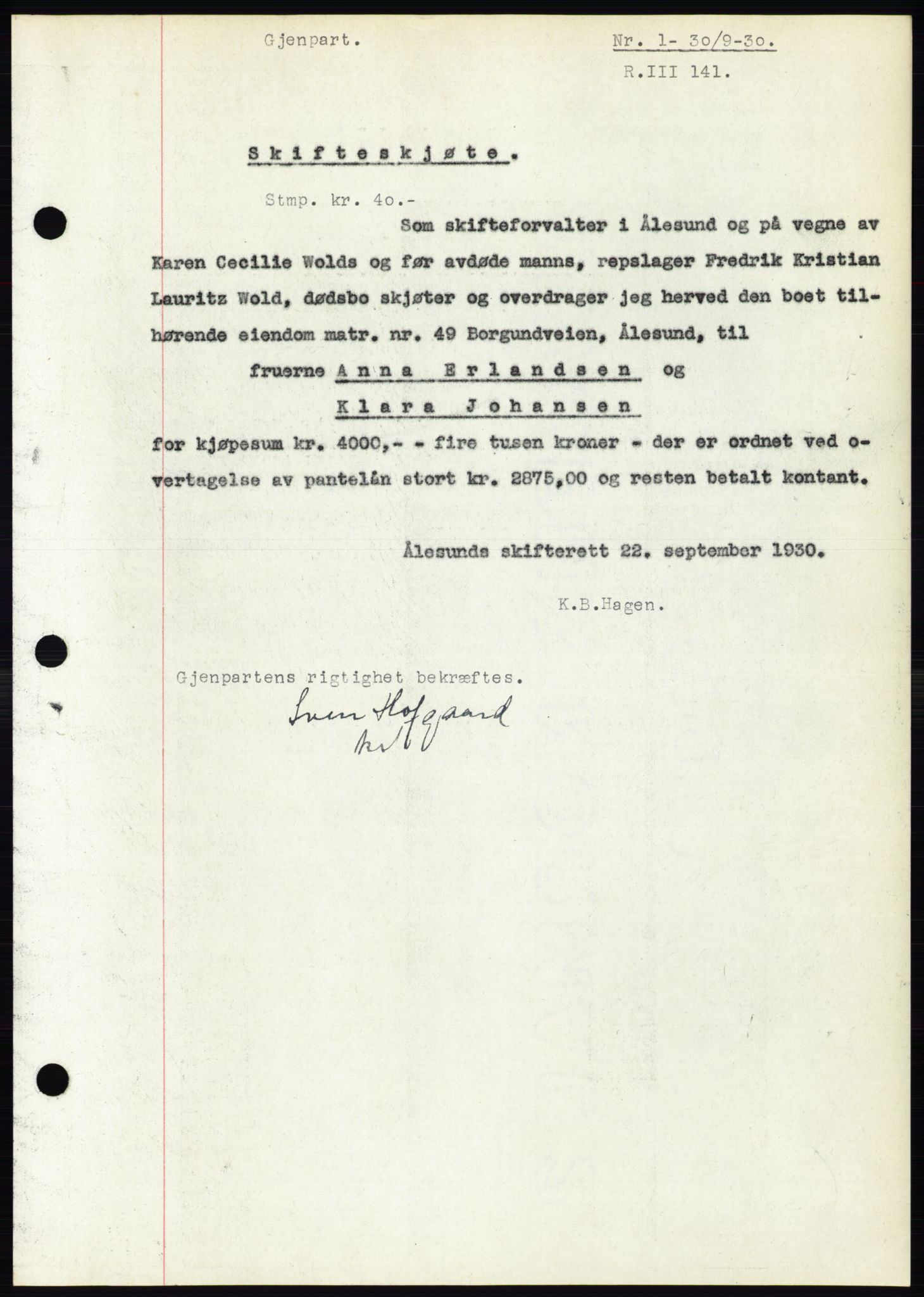 Ålesund byfogd, AV/SAT-A-4384: Pantebok nr. 26, 1930-1930, Tingl.dato: 30.09.1930