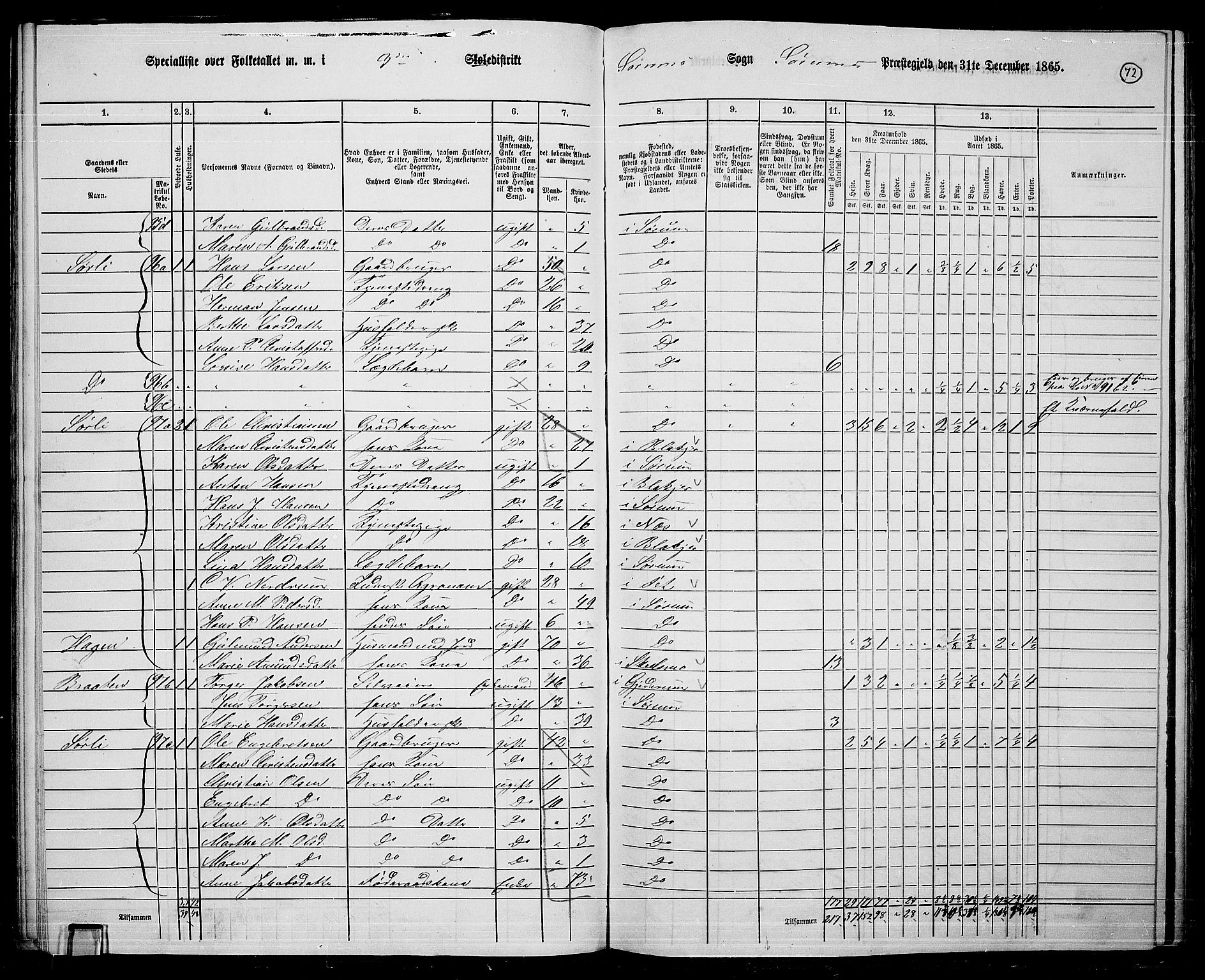 RA, Folketelling 1865 for 0226P Sørum prestegjeld, 1865, s. 68