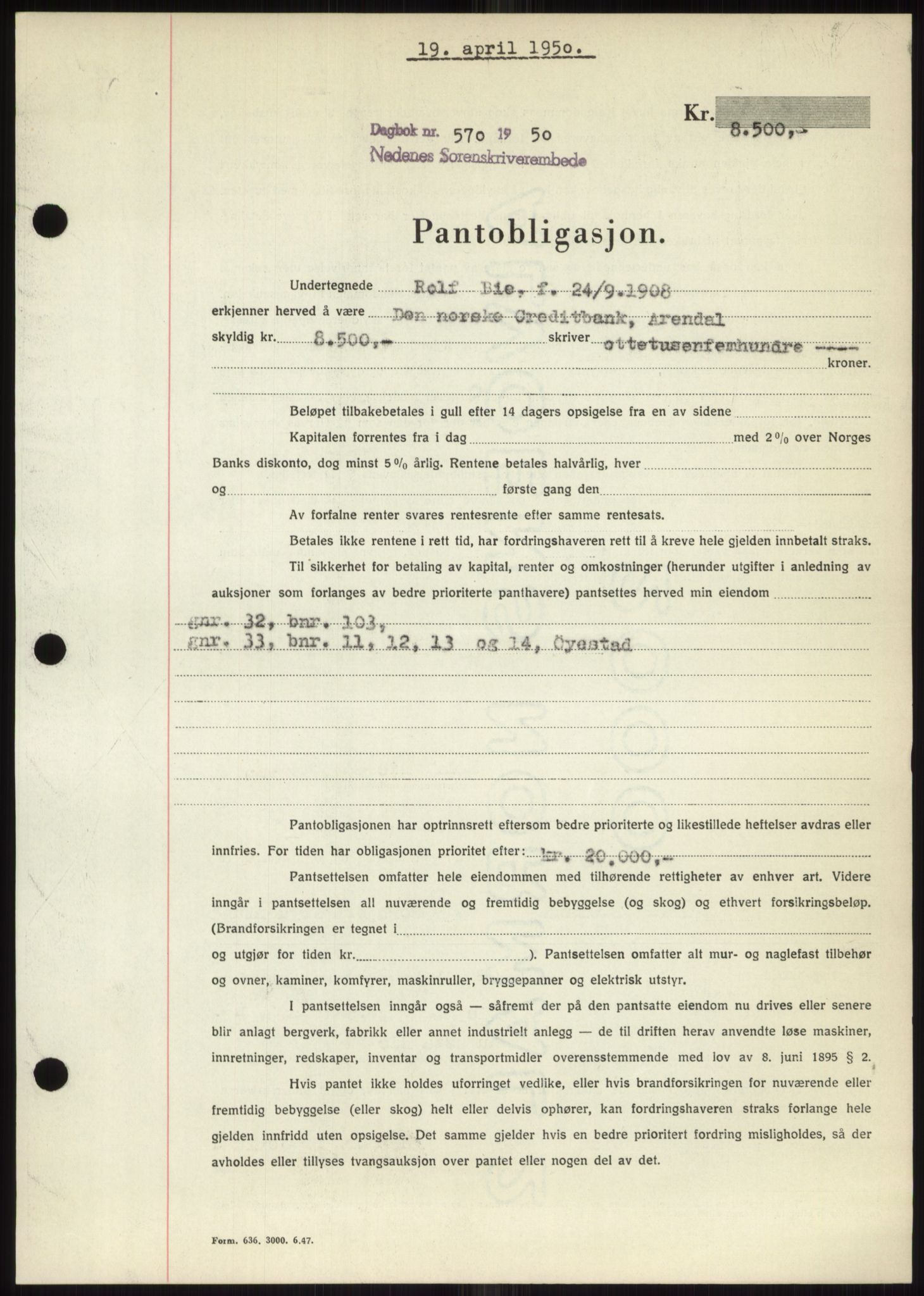 Nedenes sorenskriveri, AV/SAK-1221-0006/G/Gb/Gbb/L0007: Pantebok nr. B7, 1949-1950, Dagboknr: 570/1950