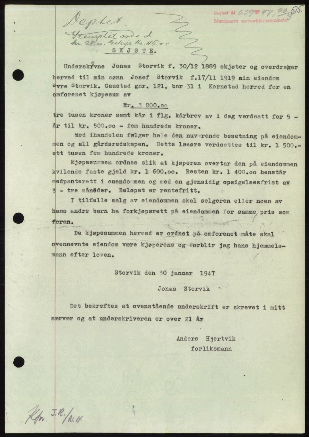 Nordmøre sorenskriveri, SAT/A-4132/1/2/2Ca: Pantebok nr. A104, 1947-1947, Dagboknr: 659/1947
