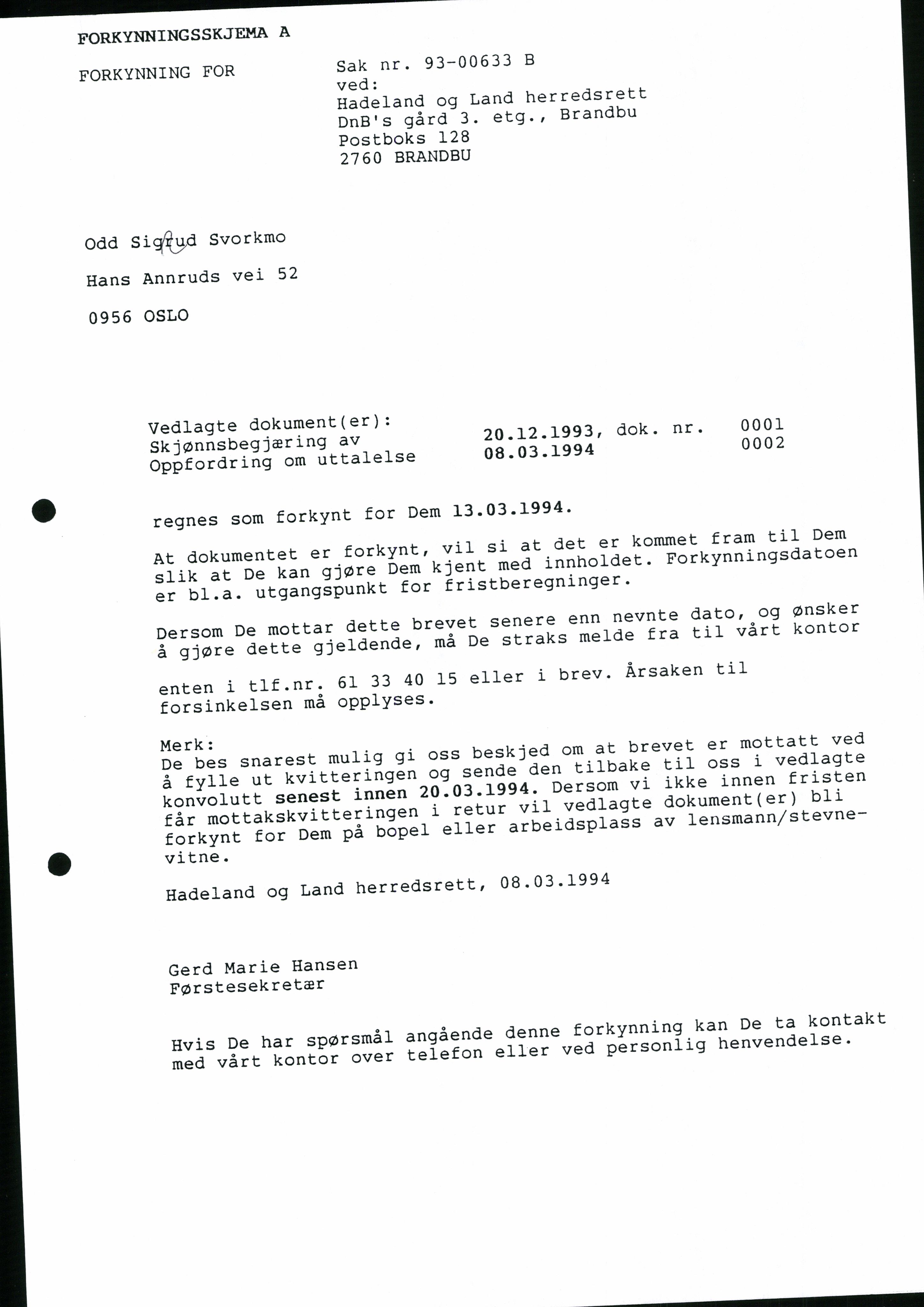 Hadeland og Land tingrett, AV/SAH-TING-010/G/Gj/Gjf/L0120: Saksdokumenter - B-saker, 1995, s. 21