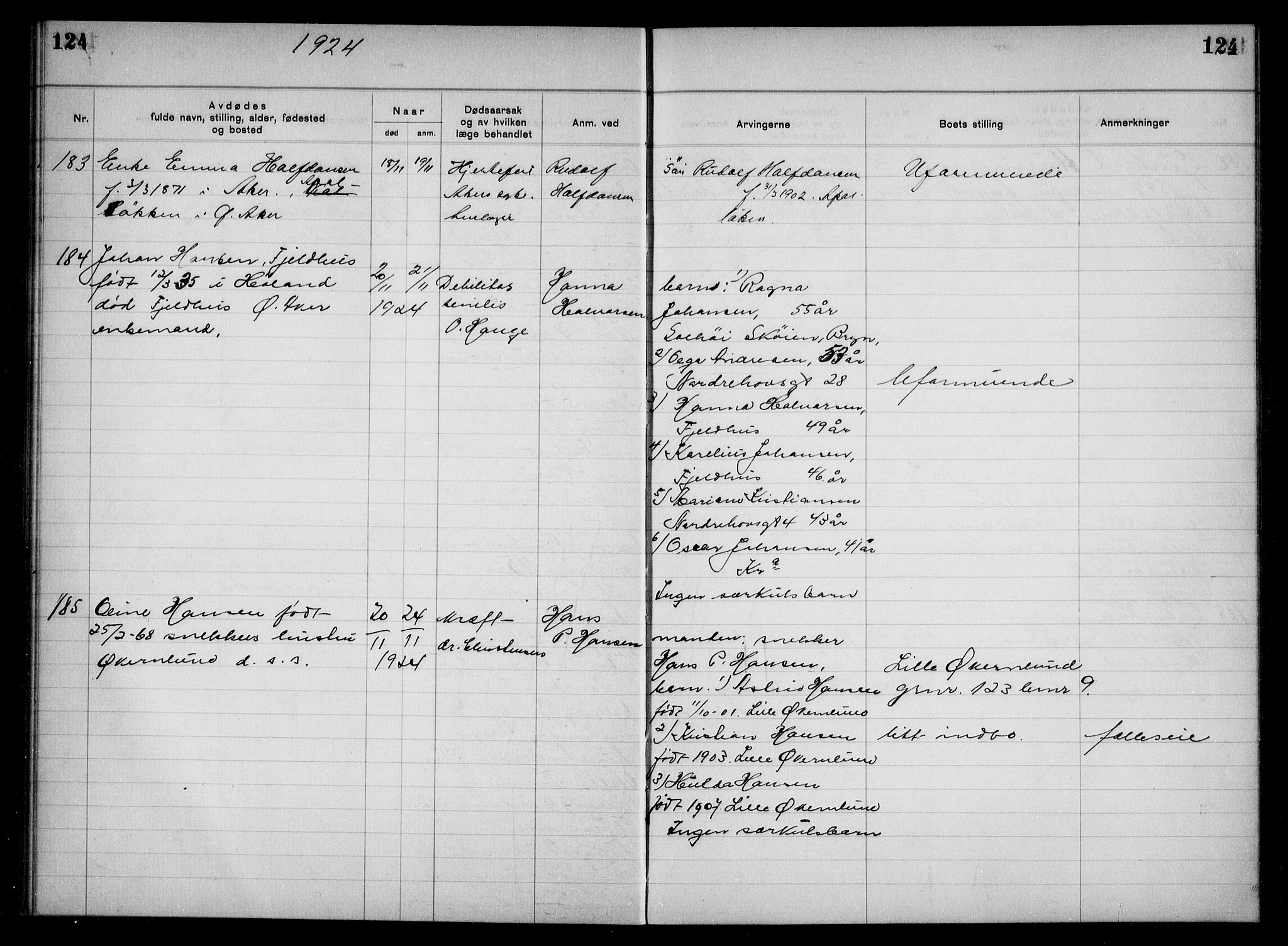 Aker kriminaldommer, skifte- og auksjonsforvalterembete, AV/SAO-A-10452/H/Hb/Hba/Hbac/L0001: Dødsfallsprotokoll for Østre Aker, 1922-1927, s. 124