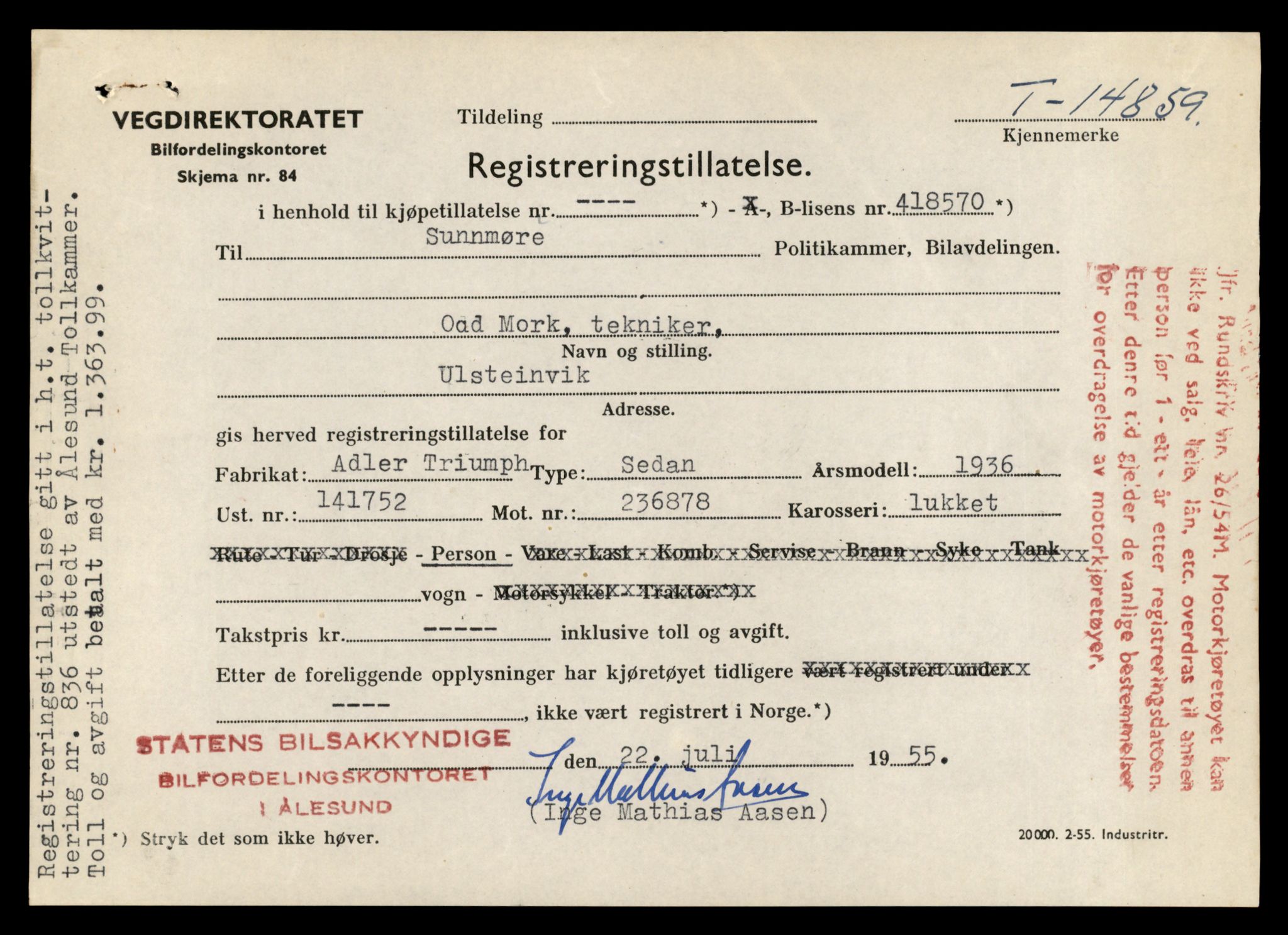 Møre og Romsdal vegkontor - Ålesund trafikkstasjon, AV/SAT-A-4099/F/Fe/L0048: Registreringskort for kjøretøy T 14721 - T 14863, 1927-1998, s. 3193