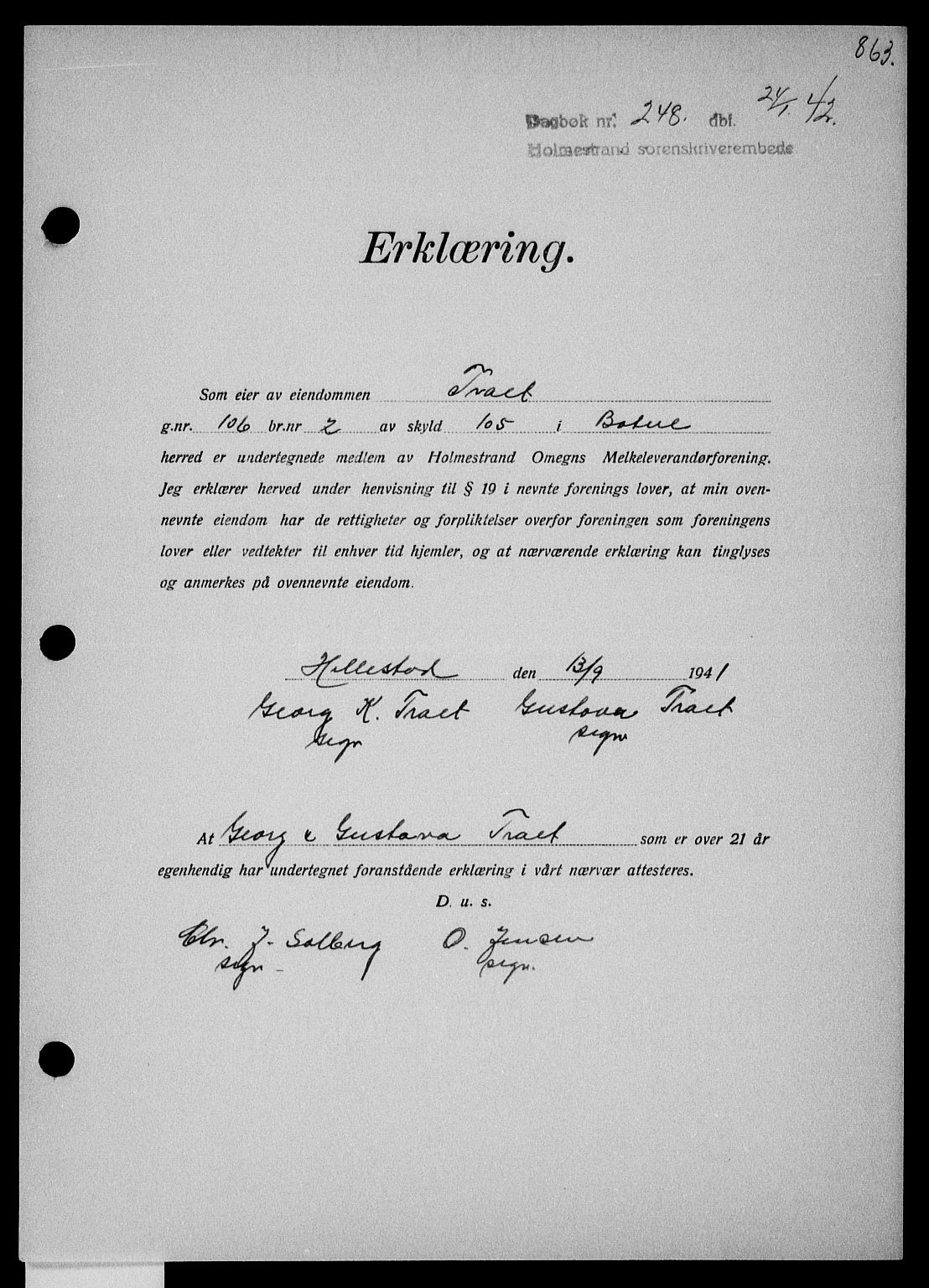 Holmestrand sorenskriveri, SAKO/A-67/G/Ga/Gaa/L0054: Pantebok nr. A-54, 1941-1942, Dagboknr: 248/1942