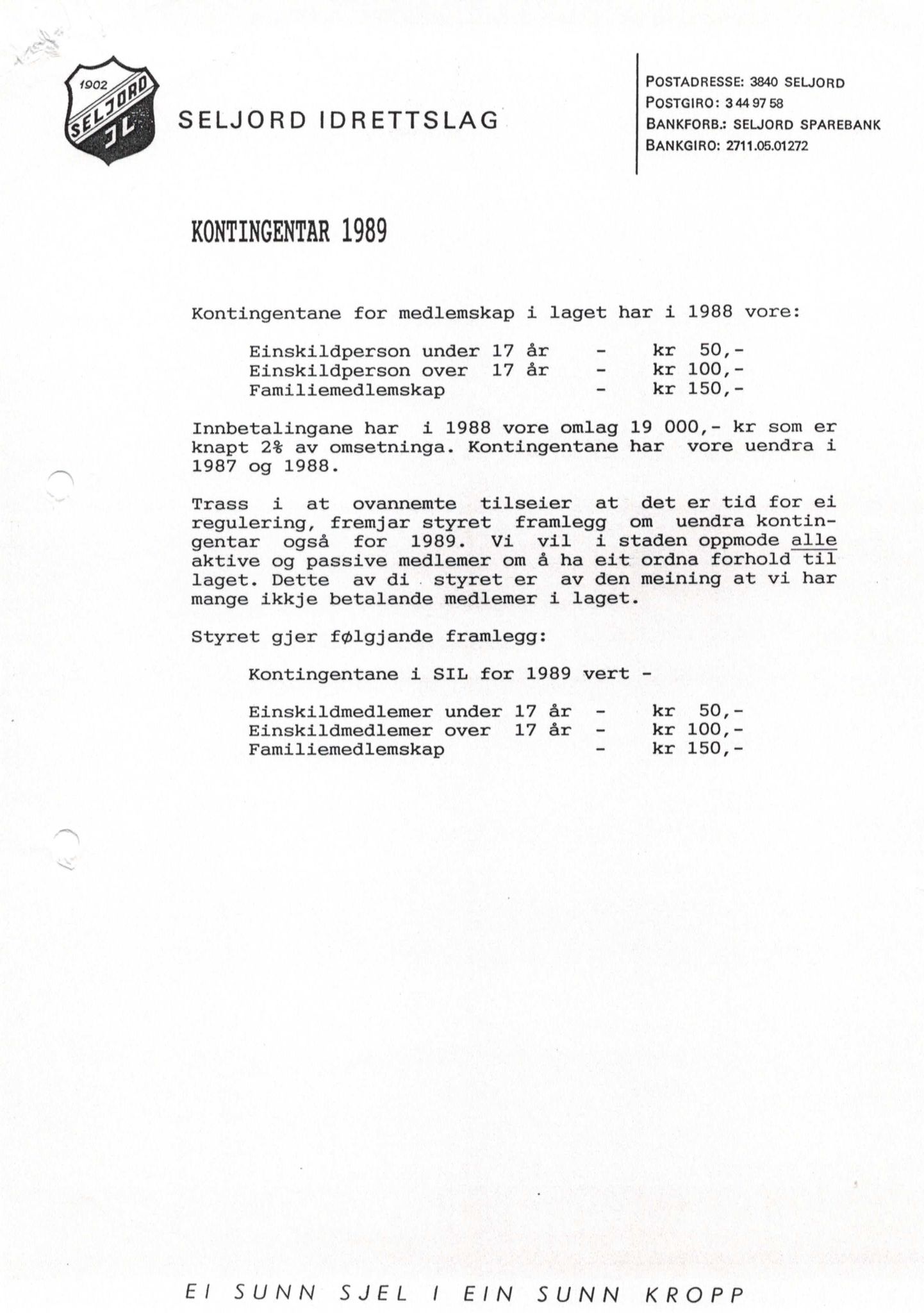 Seljord Idrettslag, VTM/A-1034/A/Ab/L0001: Årsmeldingar, 1988