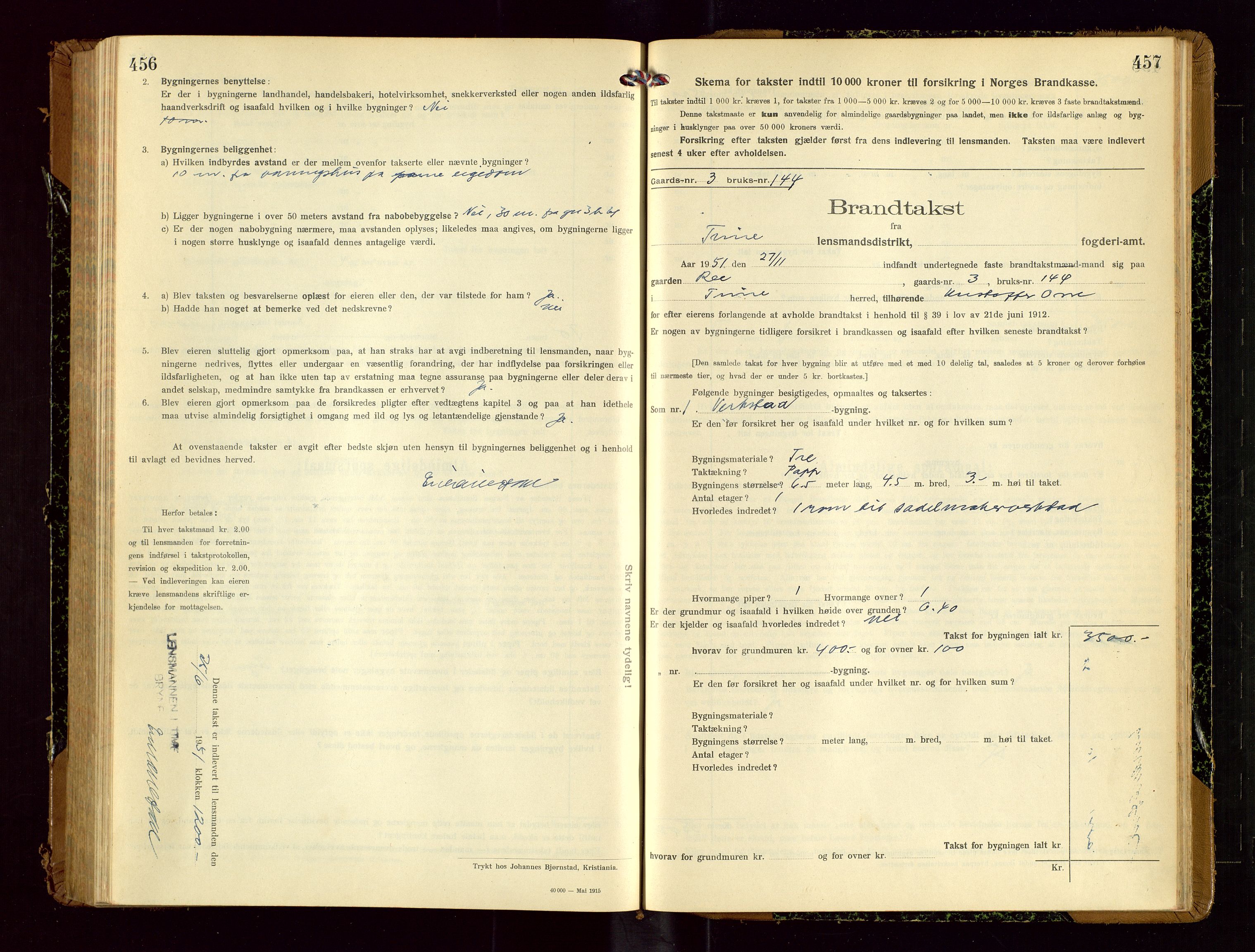 Time lensmannskontor, SAST/A-100420/Gob/L0002: Branntakstprotokoll, 1919-1952, s. 456-457