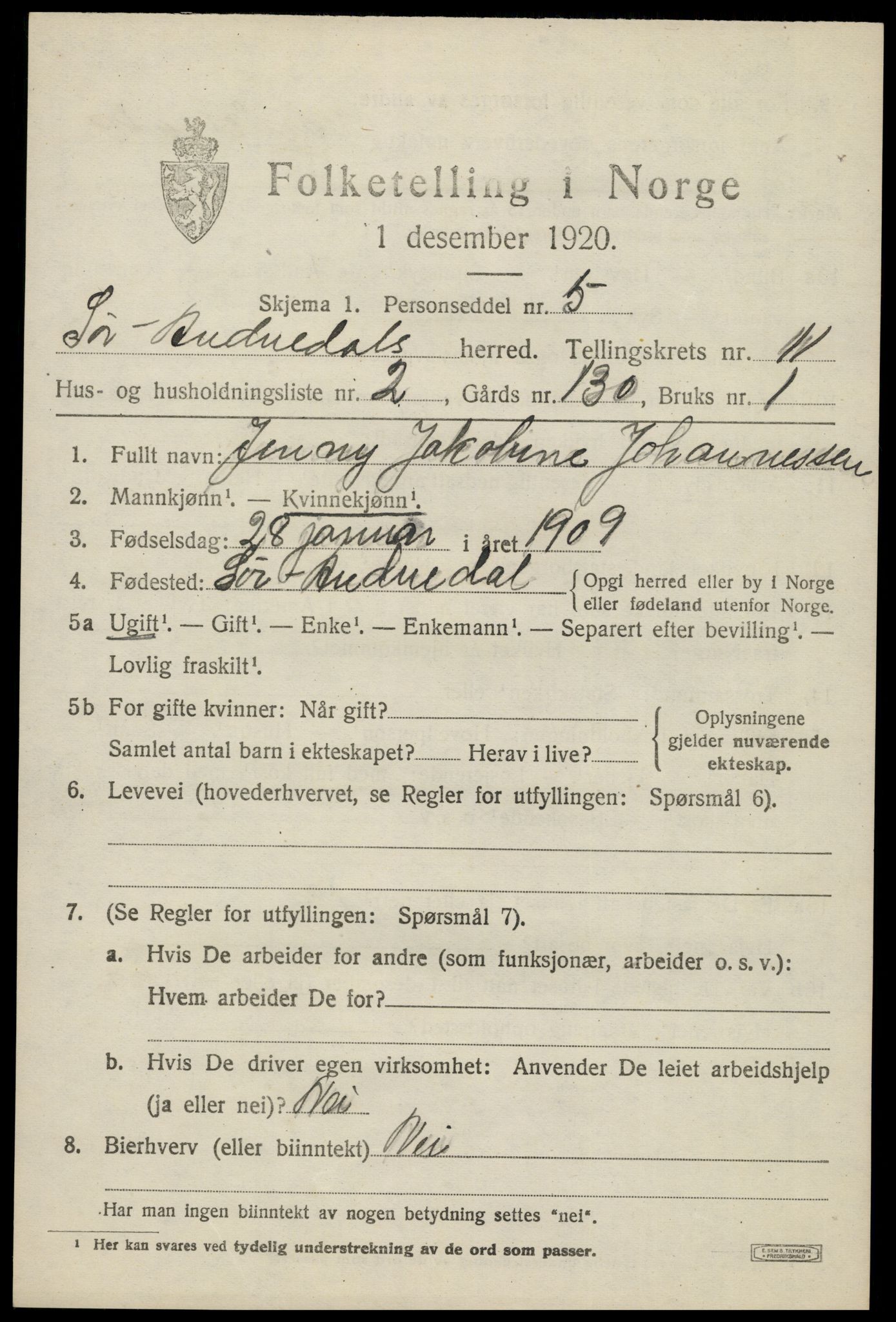 SAK, Folketelling 1920 for 1029 Sør-Audnedal herred, 1920, s. 4265