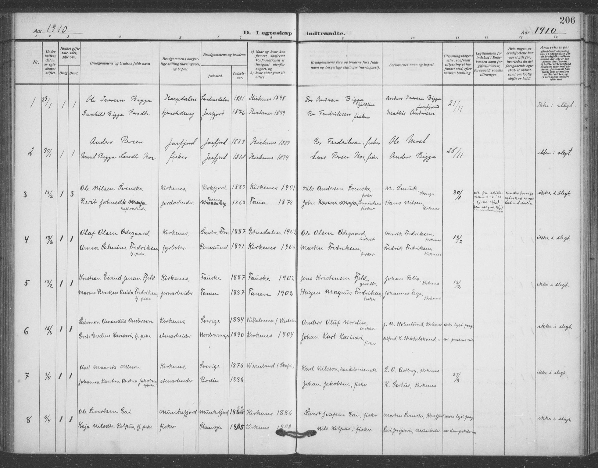 Sør-Varanger sokneprestkontor, AV/SATØ-S-1331/H/Ha/L0005kirke: Ministerialbok nr. 5, 1909-1919, s. 206