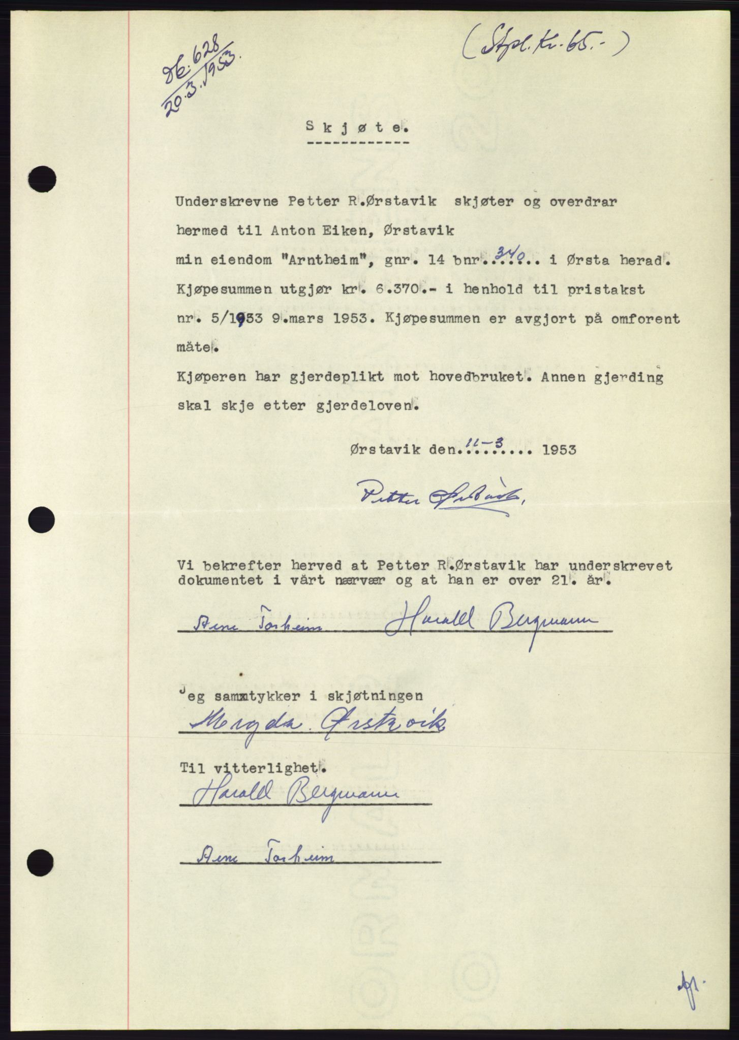 Søre Sunnmøre sorenskriveri, AV/SAT-A-4122/1/2/2C/L0094: Pantebok nr. 20A, 1953-1953, Dagboknr: 628/1953