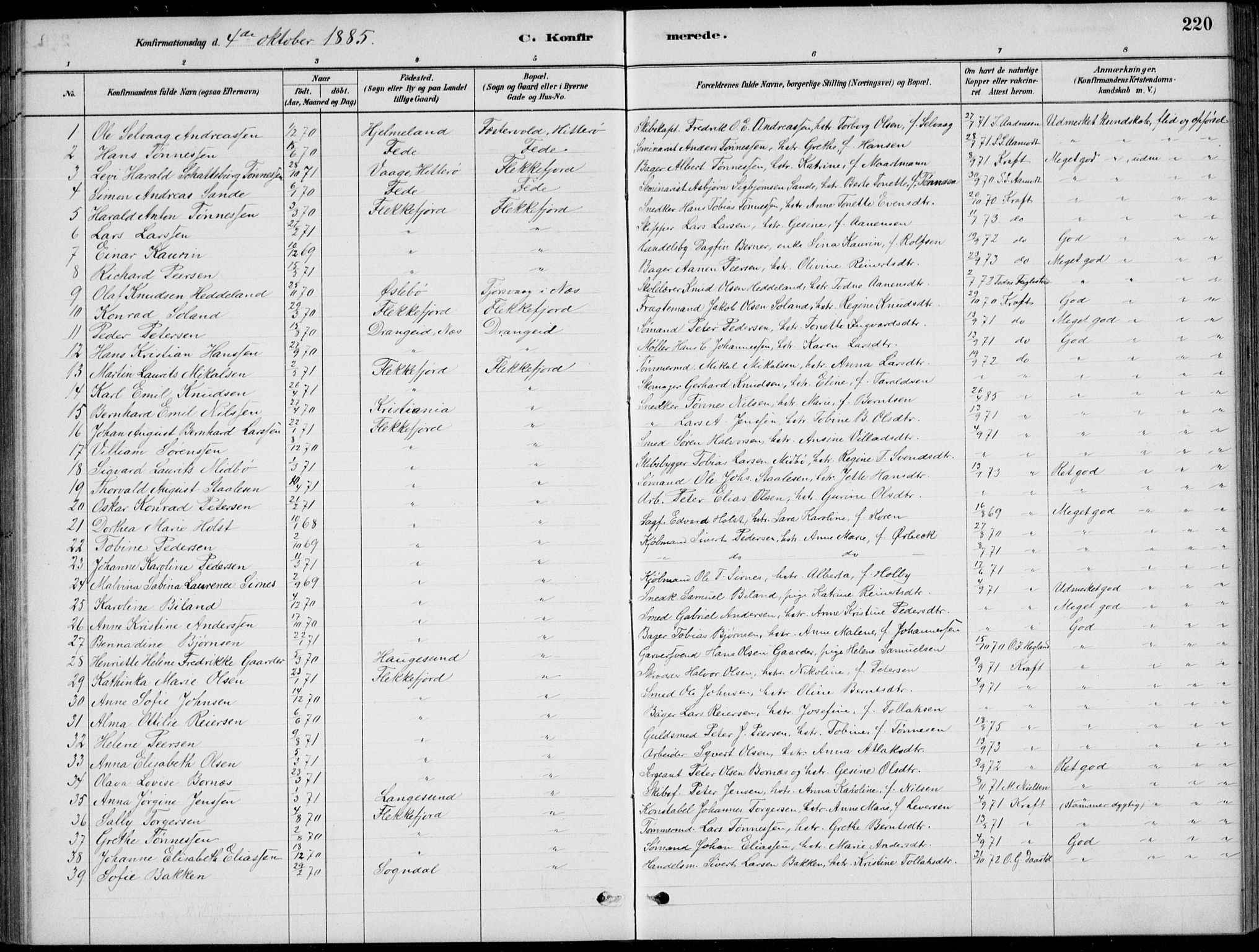 Flekkefjord sokneprestkontor, AV/SAK-1111-0012/F/Fb/Fbc/L0007: Klokkerbok nr. B 7, 1880-1902, s. 220