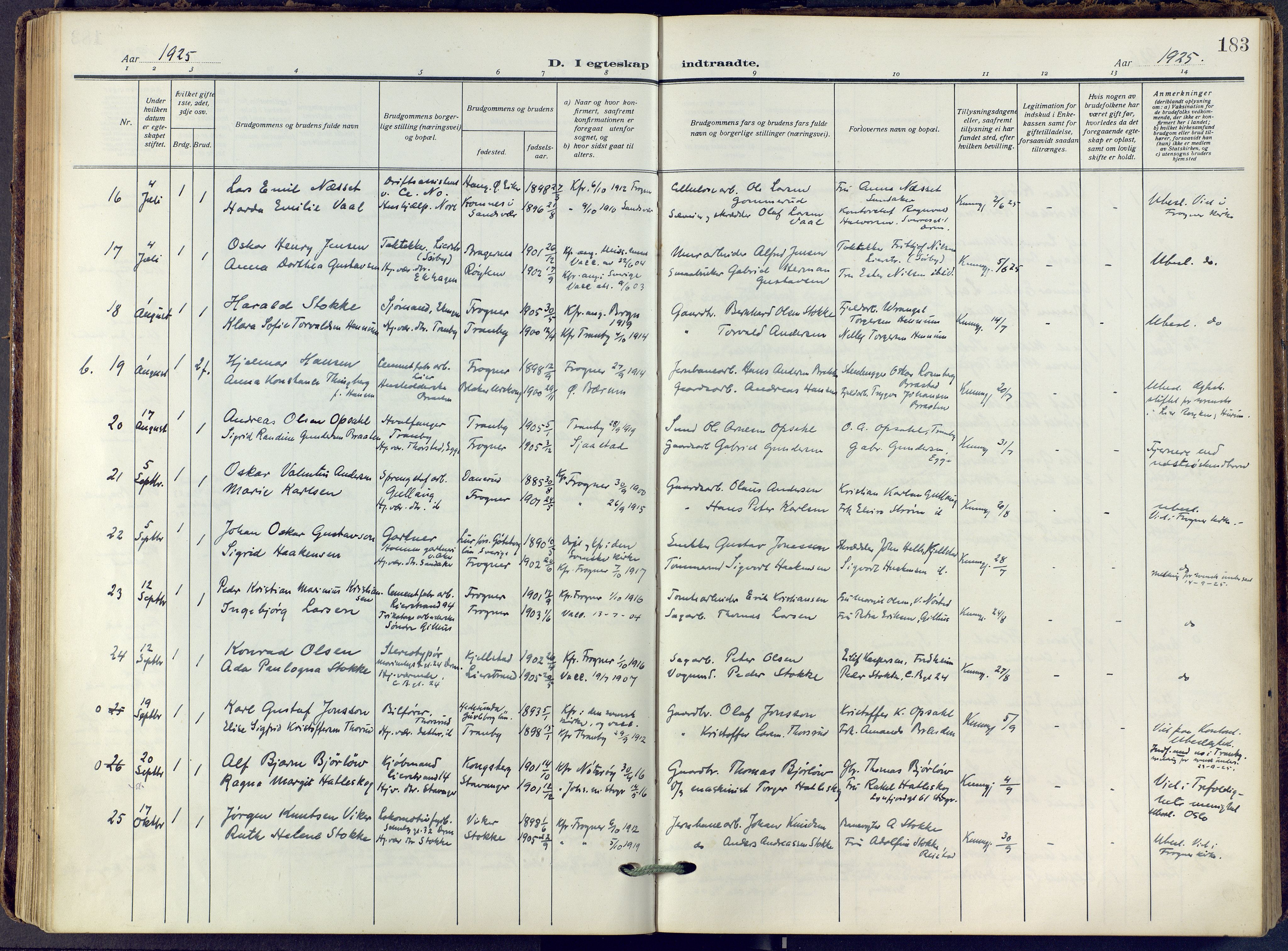 Lier kirkebøker, SAKO/A-230/F/Fa/L0019: Ministerialbok nr. I 19, 1918-1928, s. 183