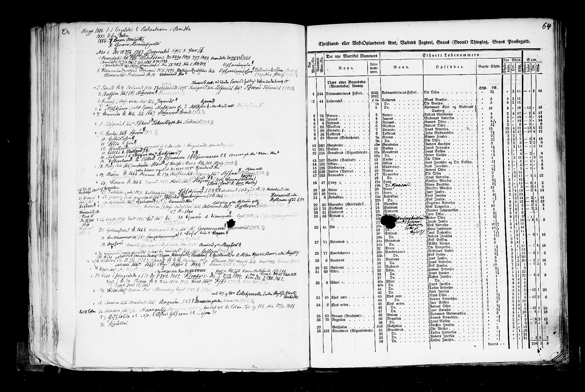 Rygh, RA/PA-0034/F/Fb/L0004: Matrikkelen for 1838 - Christians amt (Oppland fylke), 1838, s. 64a