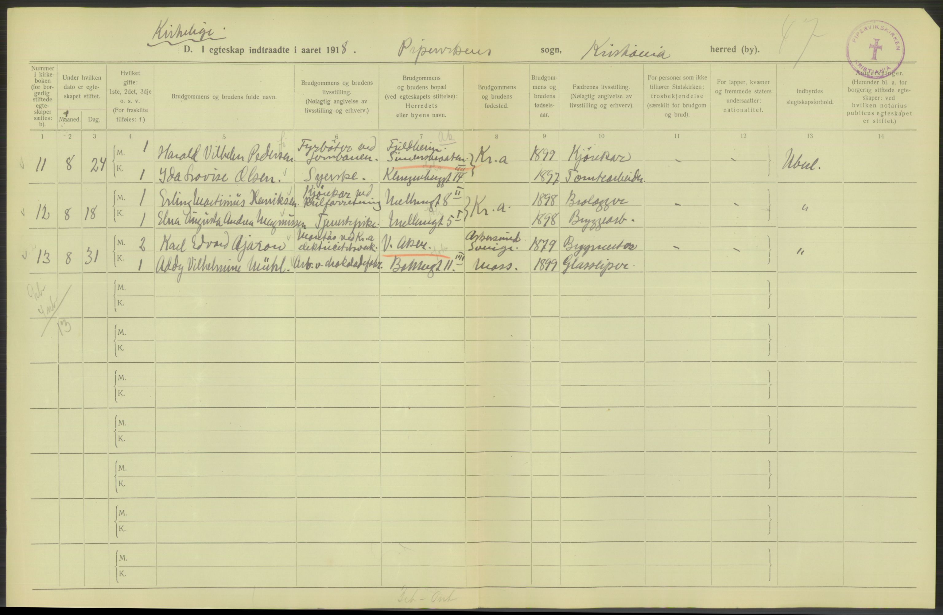 Statistisk sentralbyrå, Sosiodemografiske emner, Befolkning, RA/S-2228/D/Df/Dfb/Dfbh/L0009: Kristiania: Gifte, 1918, s. 1082