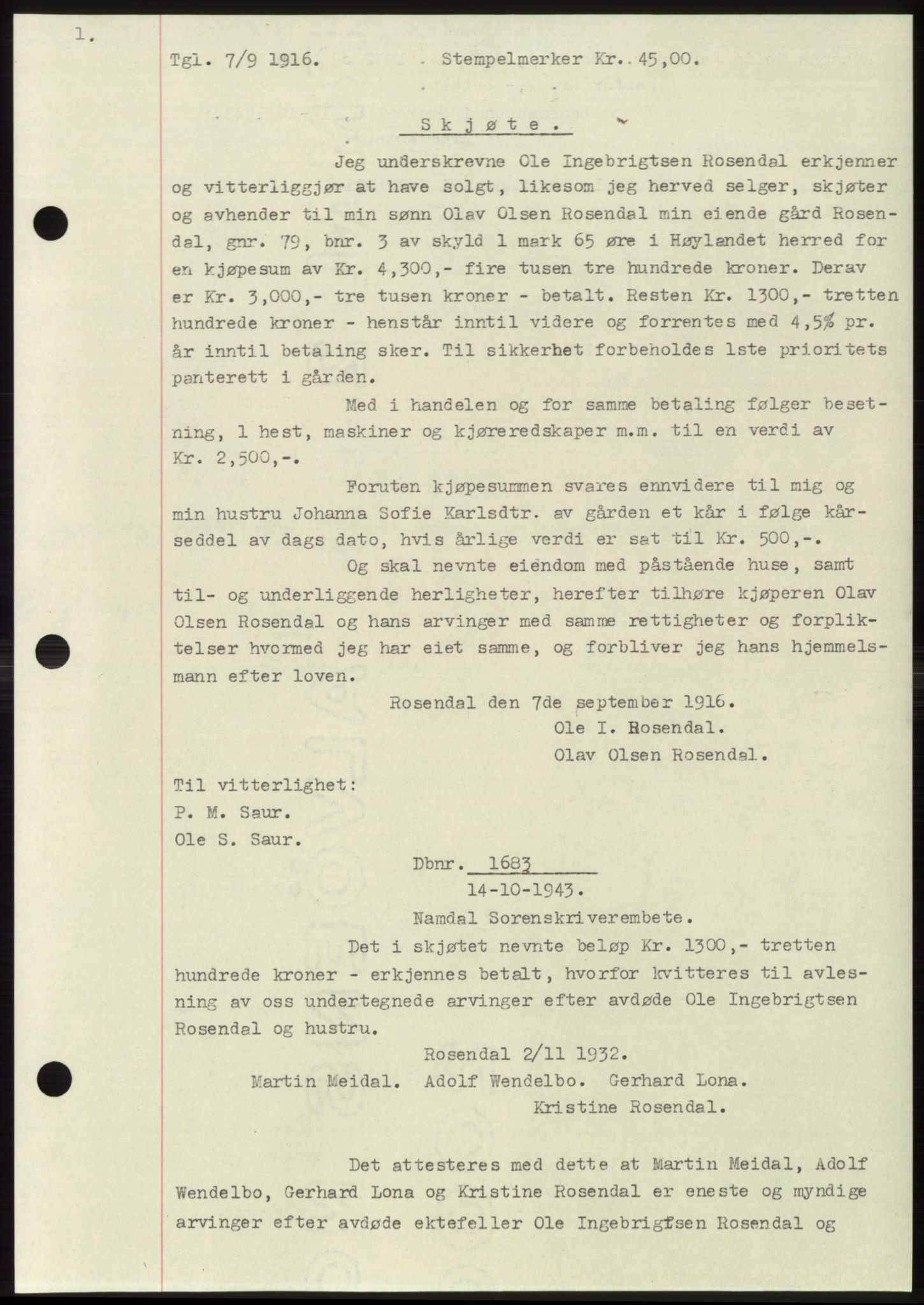 Namdal sorenskriveri, SAT/A-4133/1/2/2C: Pantebok nr. -, 1916-1921, Tingl.dato: 07.09.1916