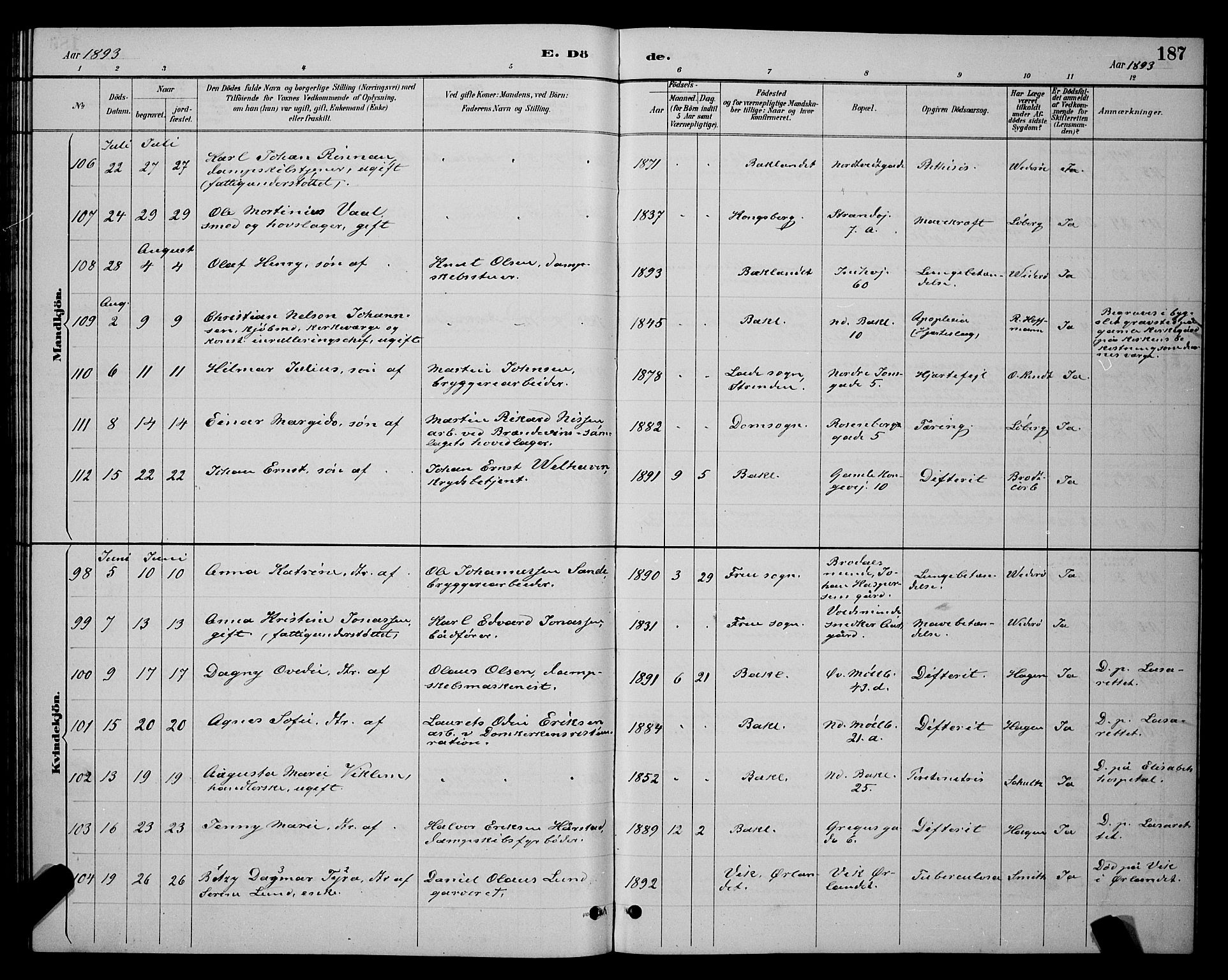 Ministerialprotokoller, klokkerbøker og fødselsregistre - Sør-Trøndelag, SAT/A-1456/604/L0223: Klokkerbok nr. 604C06, 1886-1897, s. 187