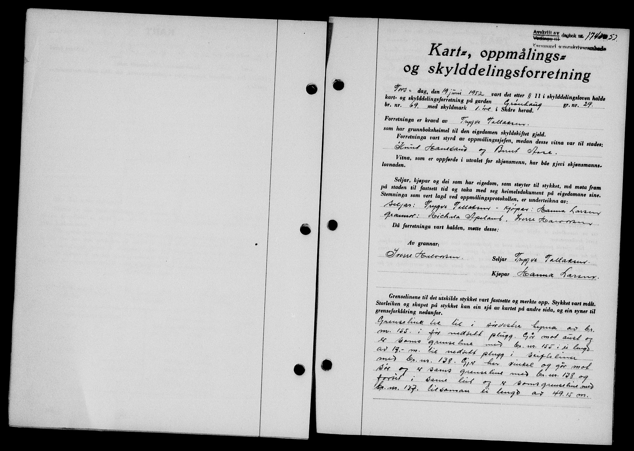 Karmsund sorenskriveri, SAST/A-100311/01/II/IIB/L0105: Pantebok nr. 85A, 1952-1952, Dagboknr: 1742/1952