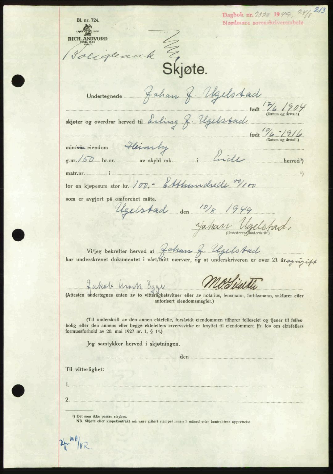 Nordmøre sorenskriveri, AV/SAT-A-4132/1/2/2Ca: Pantebok nr. A112, 1949-1949, Dagboknr: 2328/1949