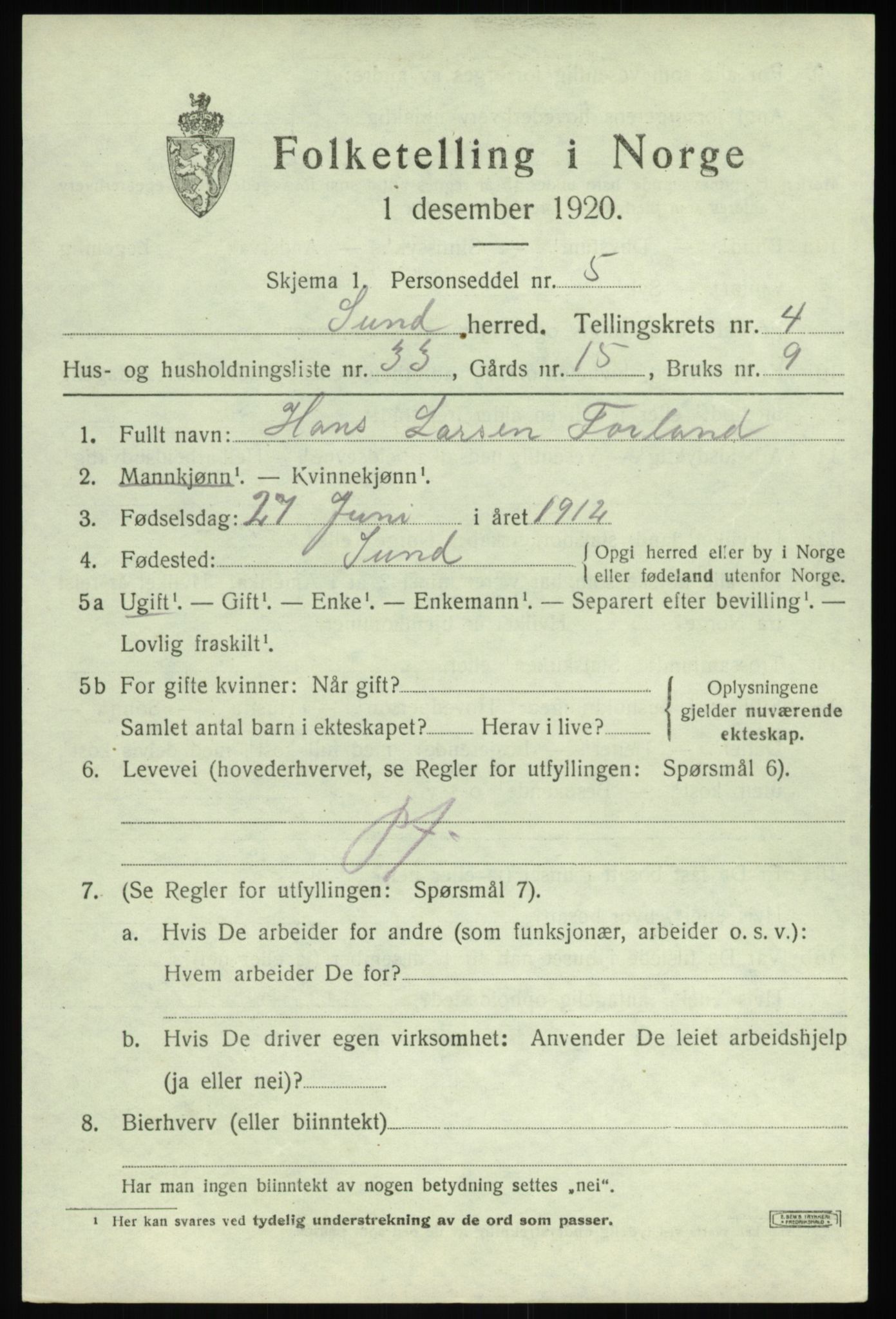 SAB, Folketelling 1920 for 1245 Sund herred, 1920, s. 2925
