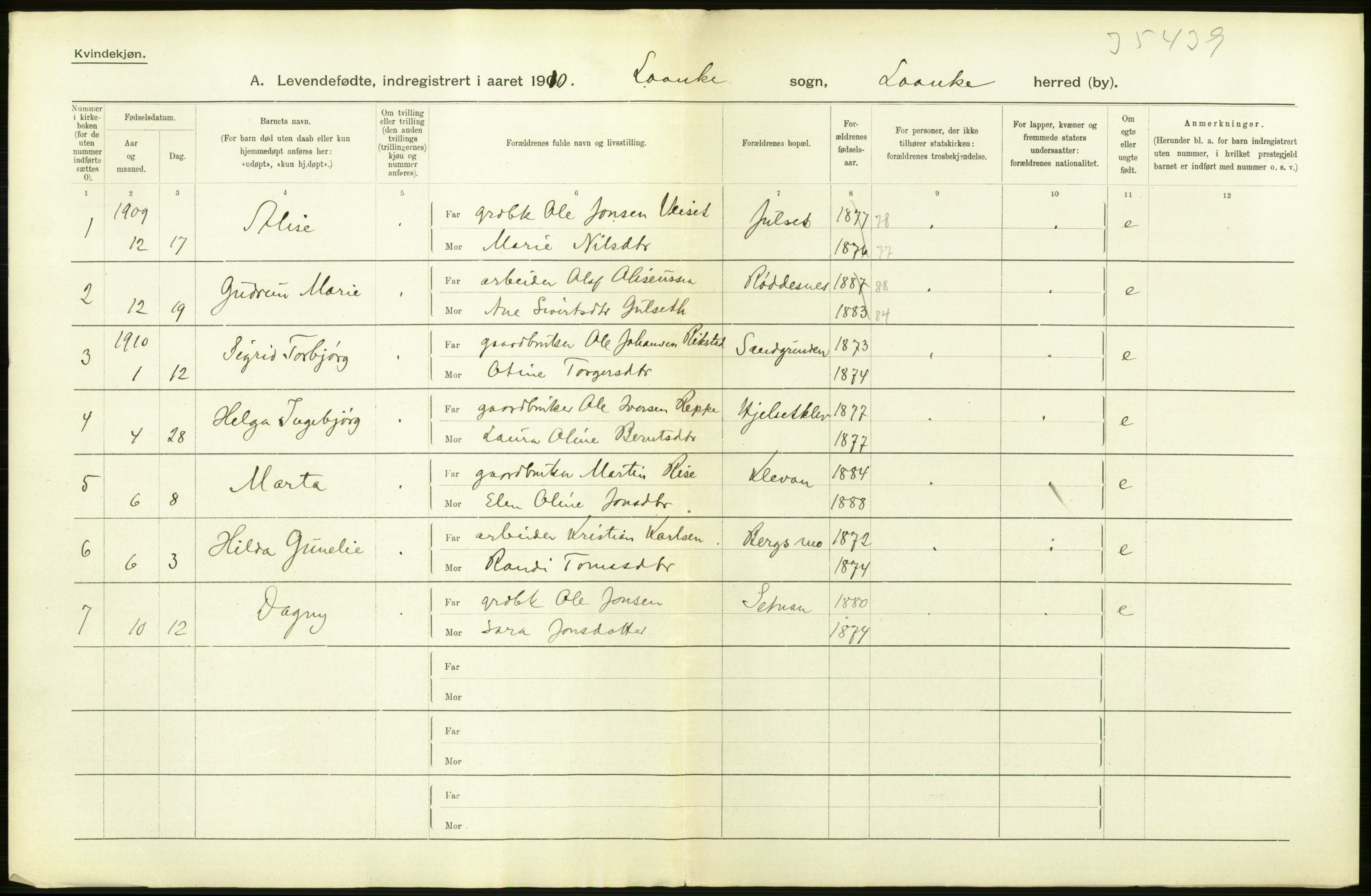 Statistisk sentralbyrå, Sosiodemografiske emner, Befolkning, AV/RA-S-2228/D/Df/Dfa/Dfah/L0038: N. Trondhjem amt: Levendefødte menn og kvinner. Bygder og byer., 1910, s. 72