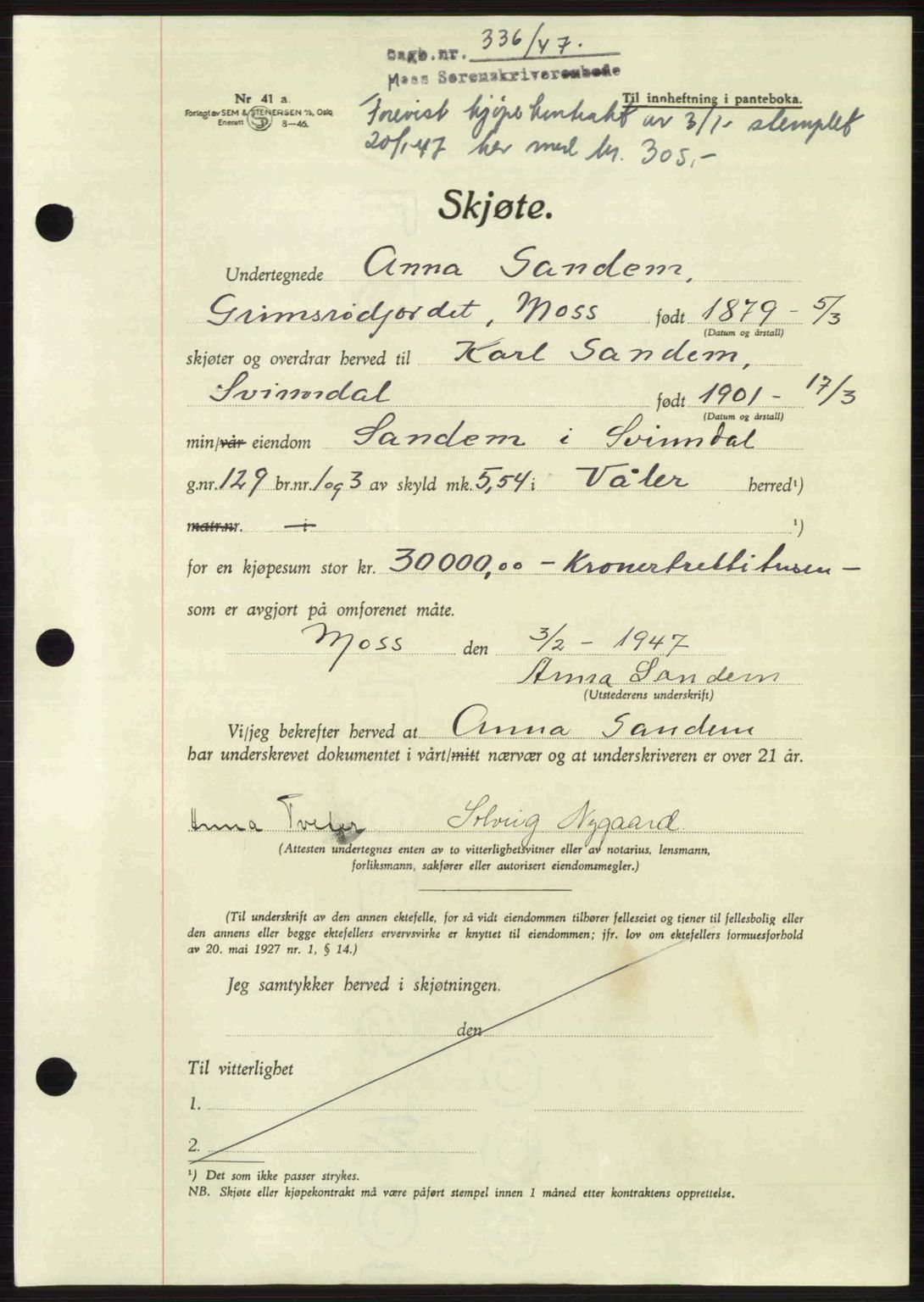 Moss sorenskriveri, SAO/A-10168: Pantebok nr. A17, 1947-1947, Dagboknr: 336/1947
