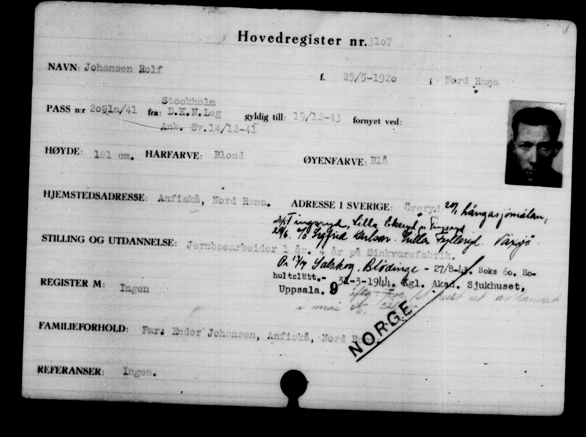 Utenriksstasjonene, Legasjonen i Stockholm, Flyktningkontoret, AV/RA-S-6753/V/Va/L0003: Kjesäterkartoteket, flyktninger med registreringsnr. 2001-3495, 1940-1945, s. 1538