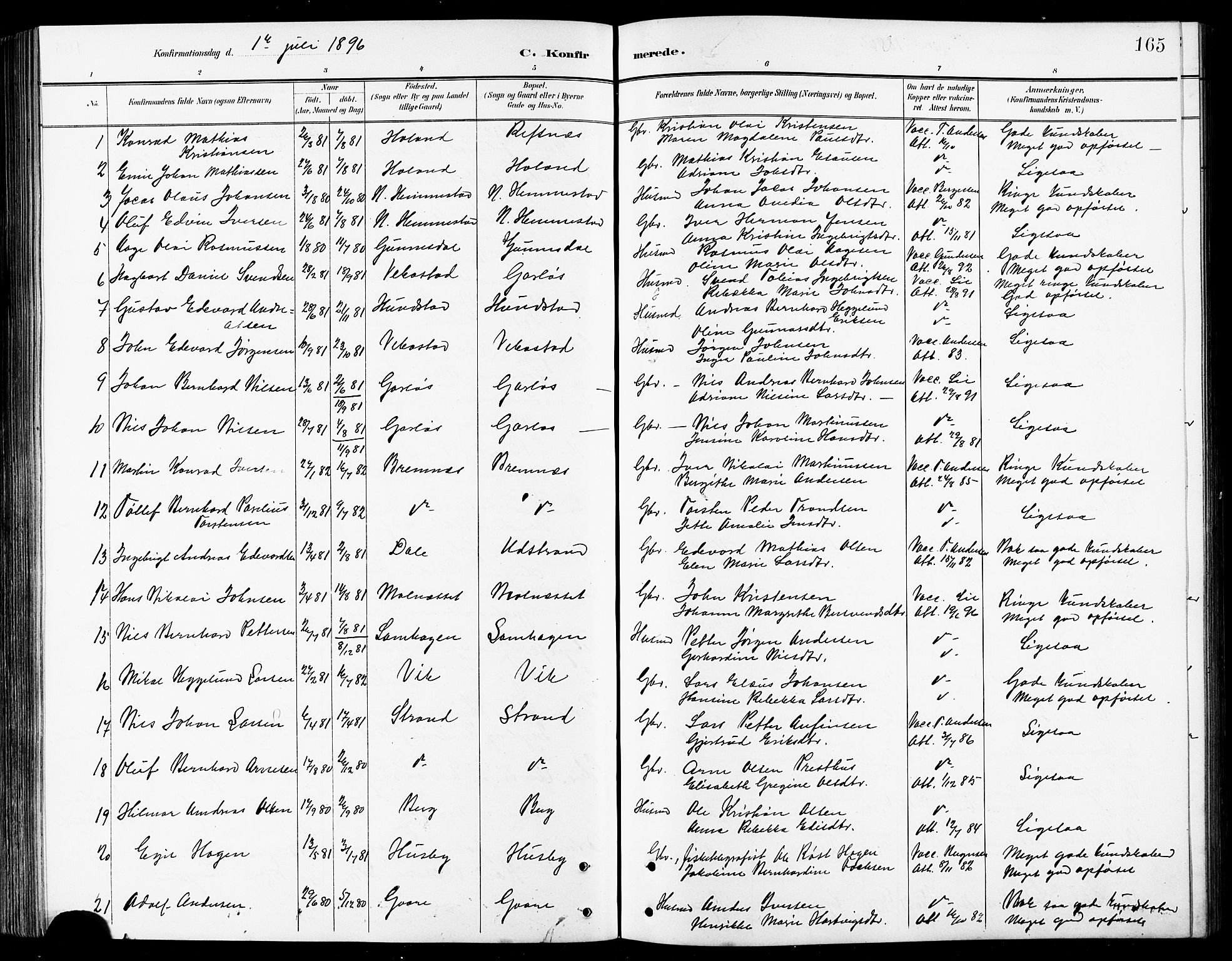 Kvæfjord sokneprestkontor, AV/SATØ-S-1323/G/Ga/Gab/L0005klokker: Klokkerbok nr. 5, 1886-1911, s. 165