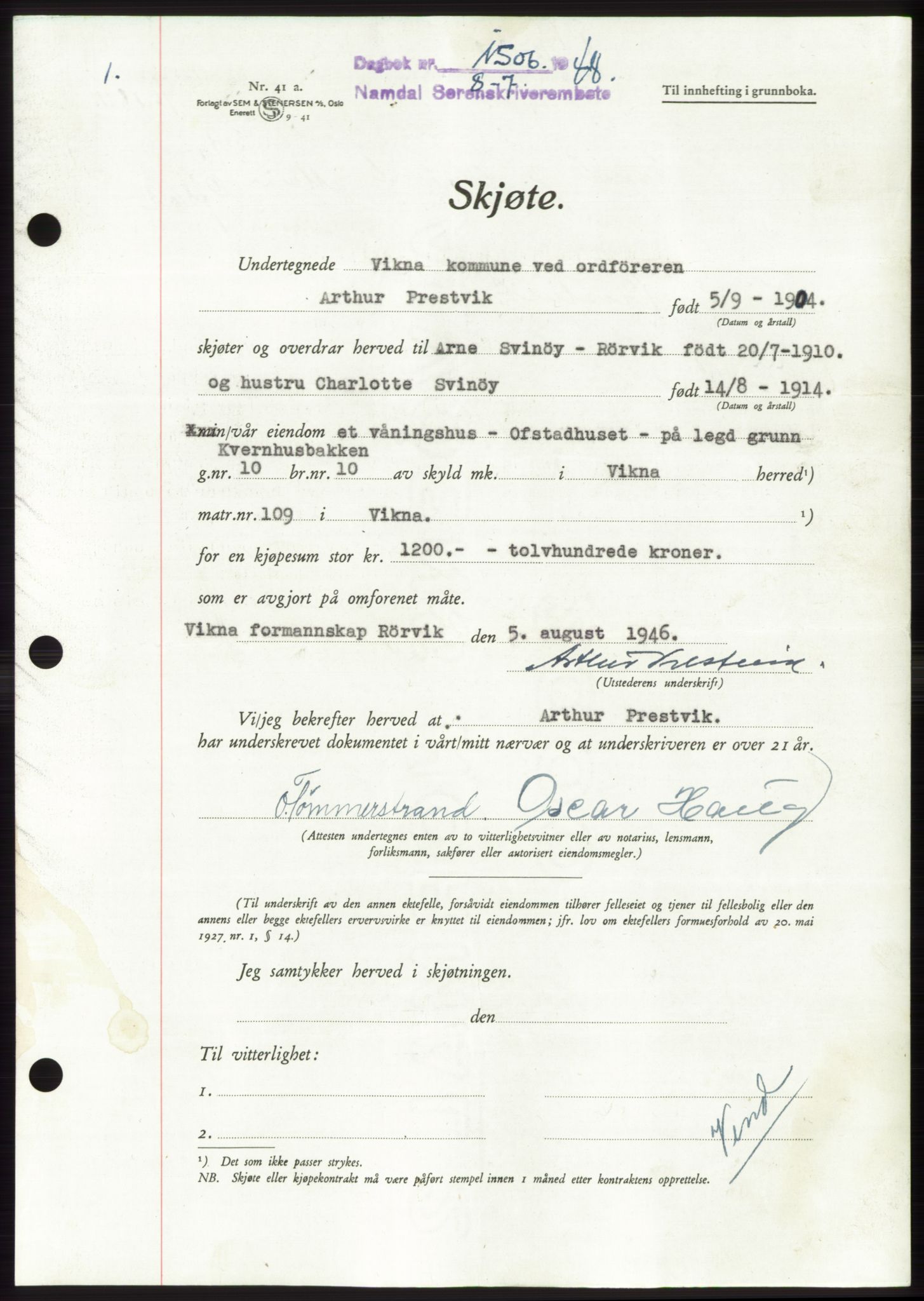 Namdal sorenskriveri, SAT/A-4133/1/2/2C: Pantebok nr. -, 1948-1948, Dagboknr: 1506/1948
