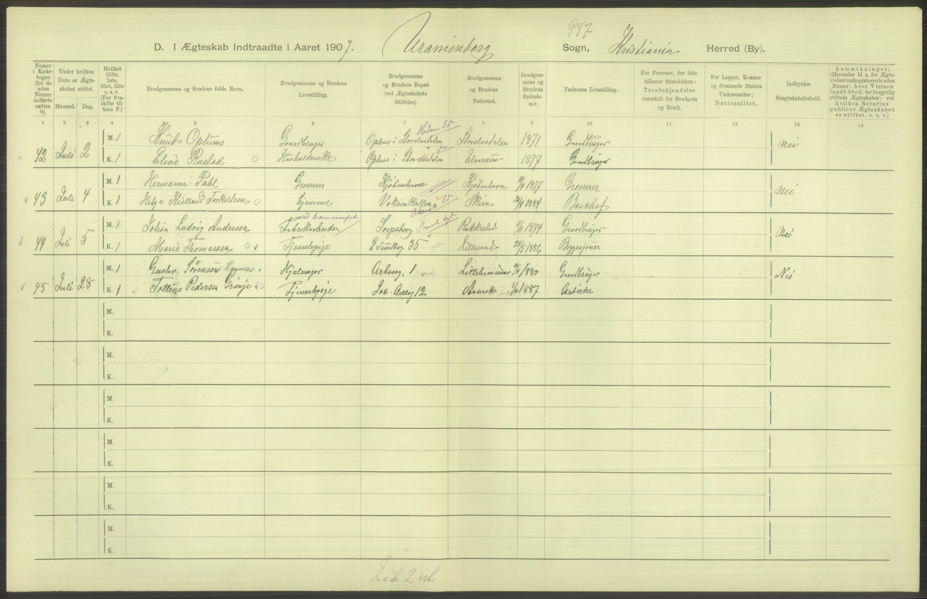 Statistisk sentralbyrå, Sosiodemografiske emner, Befolkning, AV/RA-S-2228/D/Df/Dfa/Dfae/L0008: Kristiania: Gifte, 1907, s. 528