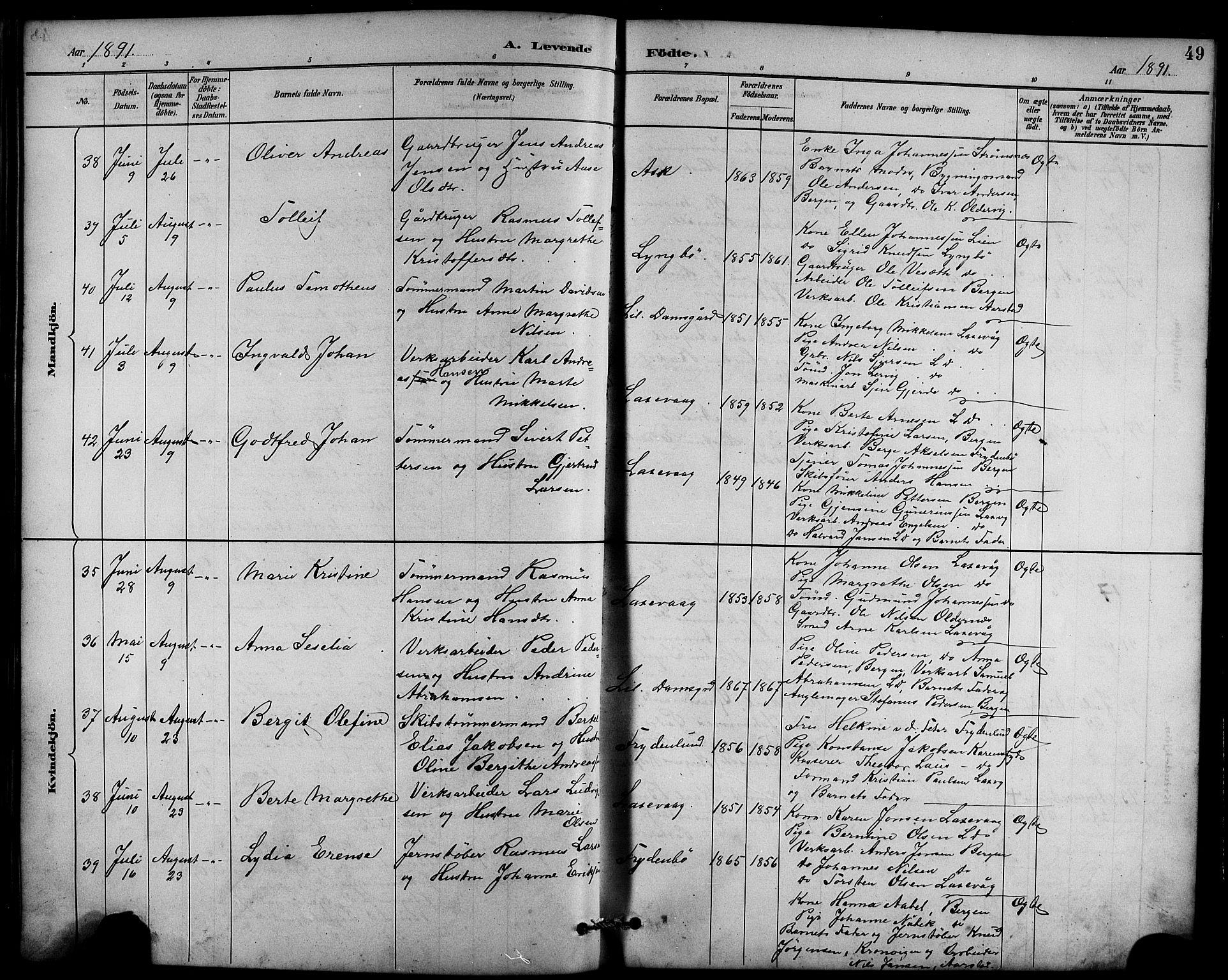 Laksevåg Sokneprestembete, AV/SAB-A-76501/H/Ha/Hab/Haba/L0003: Klokkerbok nr. A 3, 1887-1899, s. 49