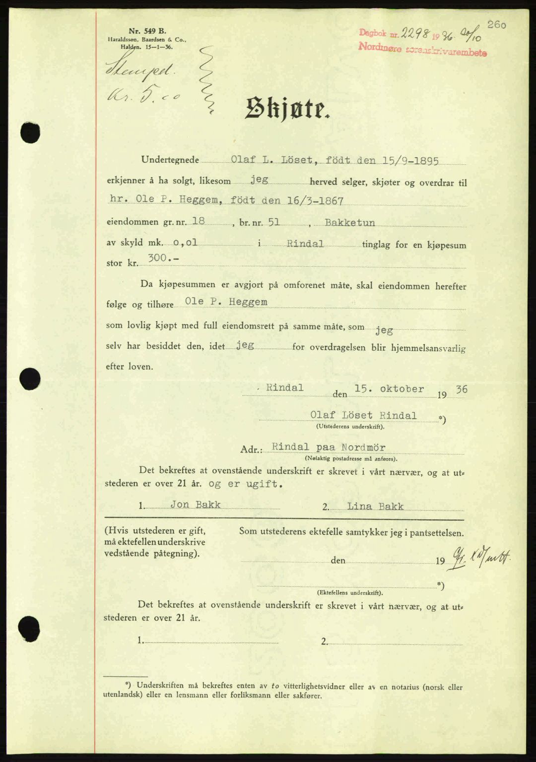 Nordmøre sorenskriveri, SAT/A-4132/1/2/2Ca: Pantebok nr. A80, 1936-1937, Dagboknr: 2298/1936