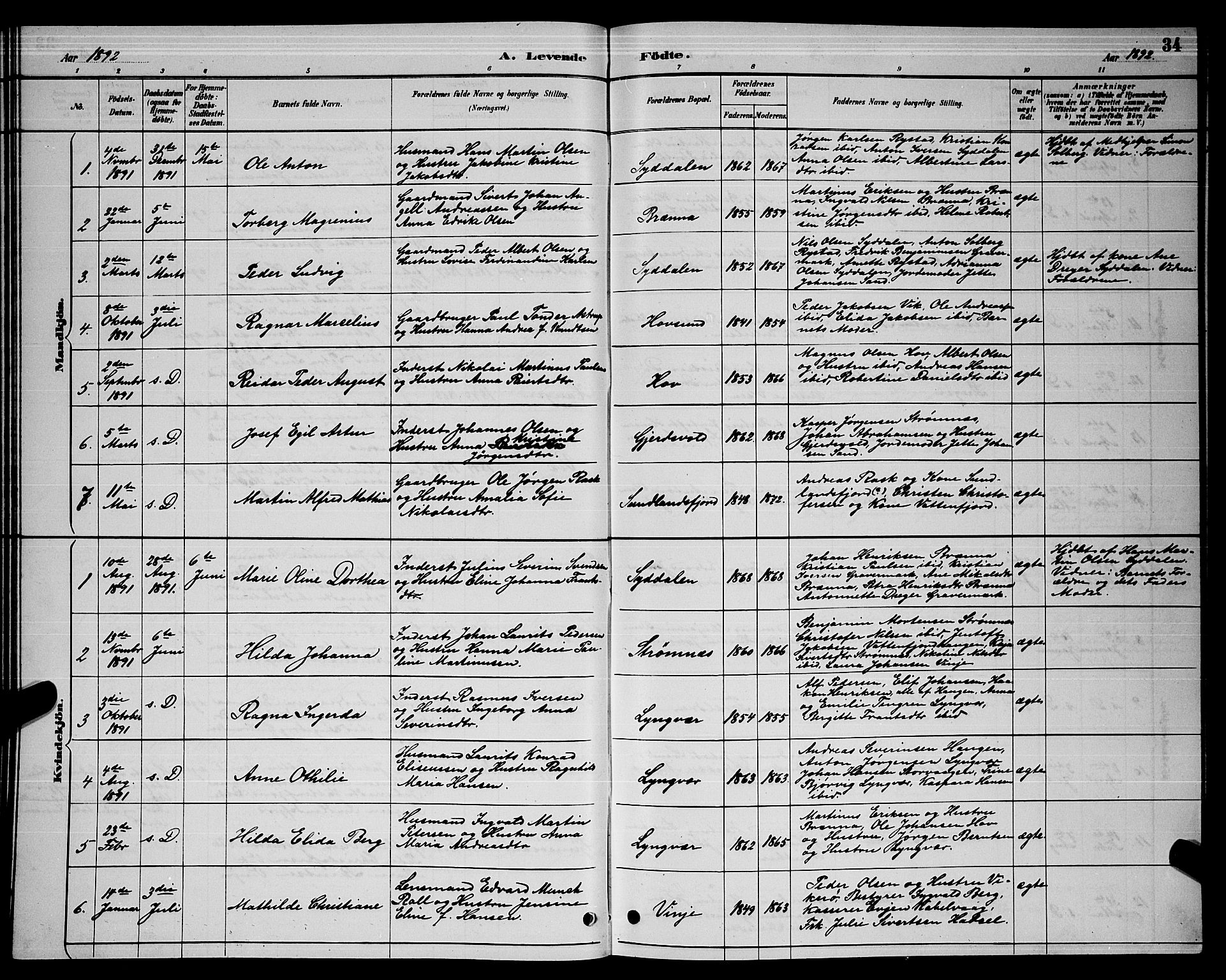 Ministerialprotokoller, klokkerbøker og fødselsregistre - Nordland, AV/SAT-A-1459/876/L1104: Klokkerbok nr. 876C03, 1886-1896, s. 34