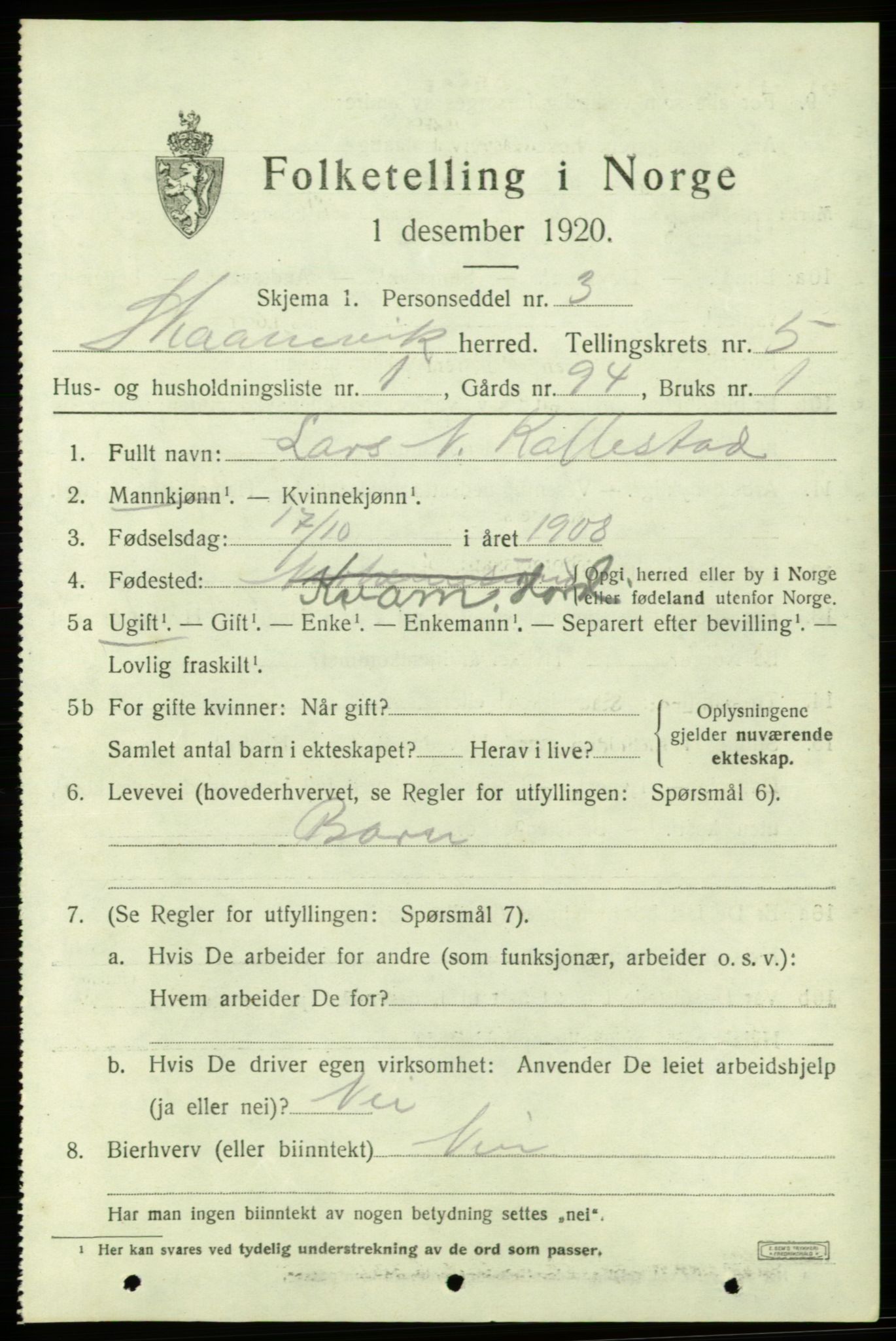 SAB, Folketelling 1920 for 1212 Skånevik herred, 1920, s. 3801