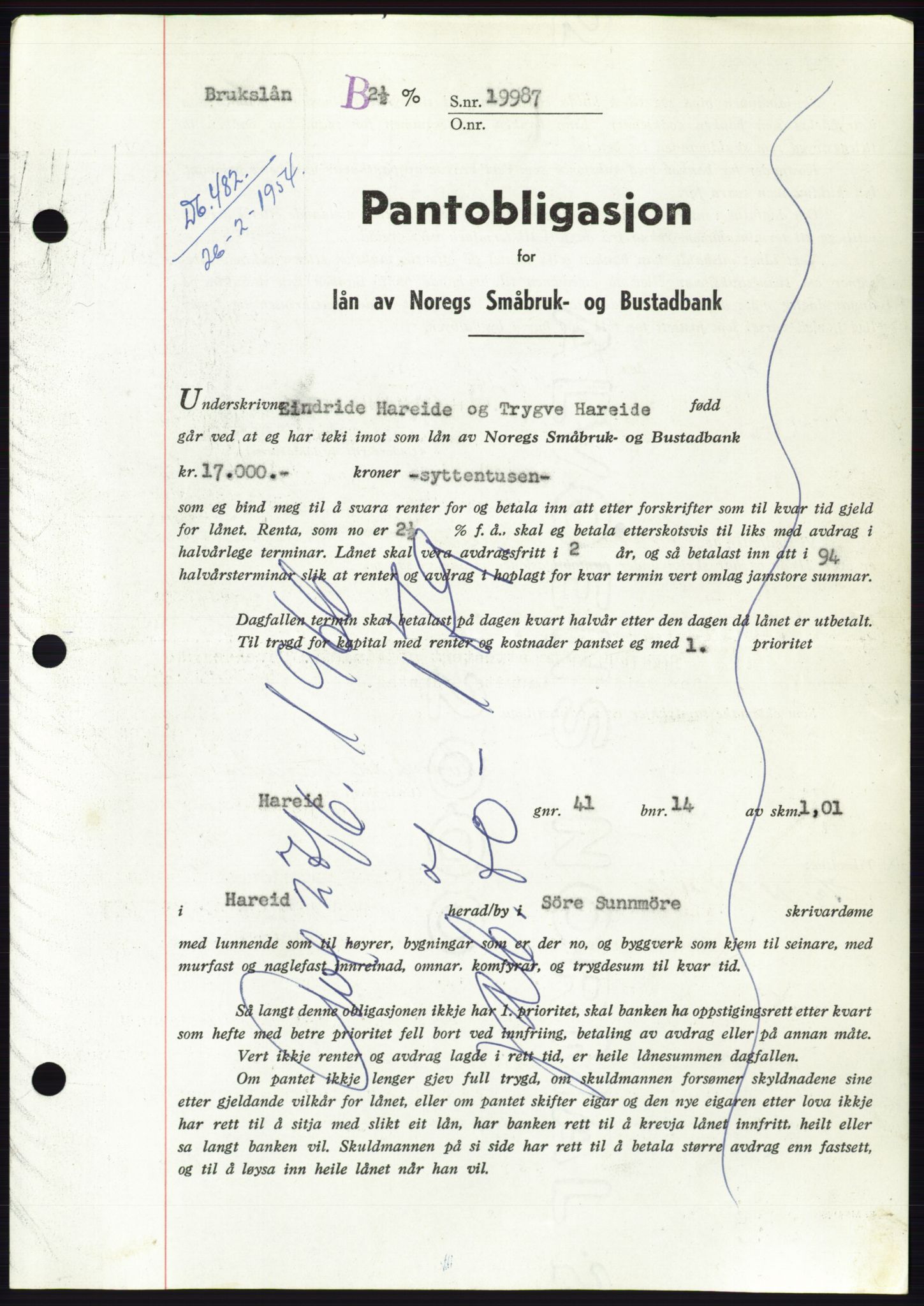 Søre Sunnmøre sorenskriveri, SAT/A-4122/1/2/2C/L0124: Pantebok nr. 12B, 1953-1954, Dagboknr: 482/1954