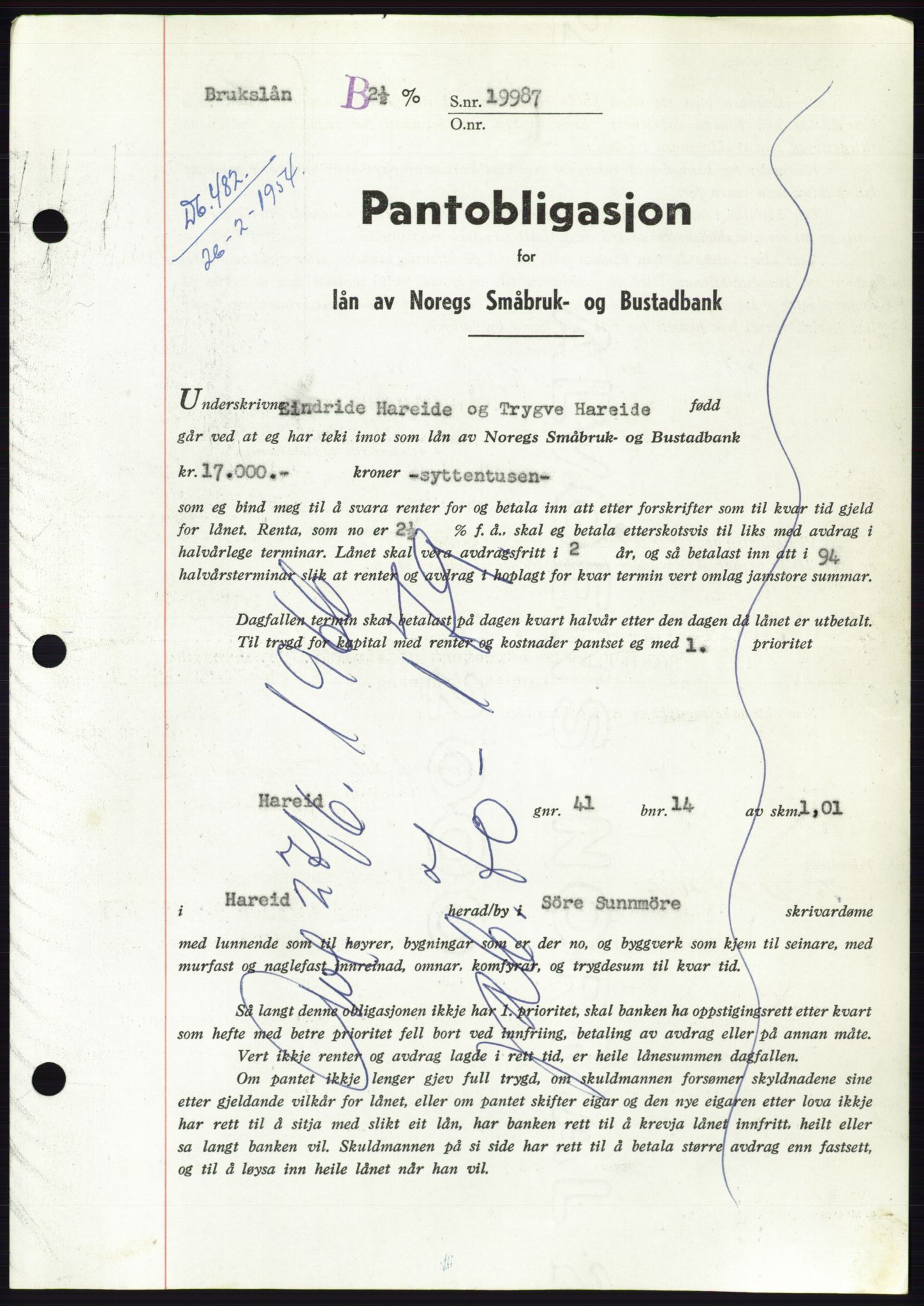 Søre Sunnmøre sorenskriveri, AV/SAT-A-4122/1/2/2C/L0124: Pantebok nr. 12B, 1953-1954, Dagboknr: 482/1954