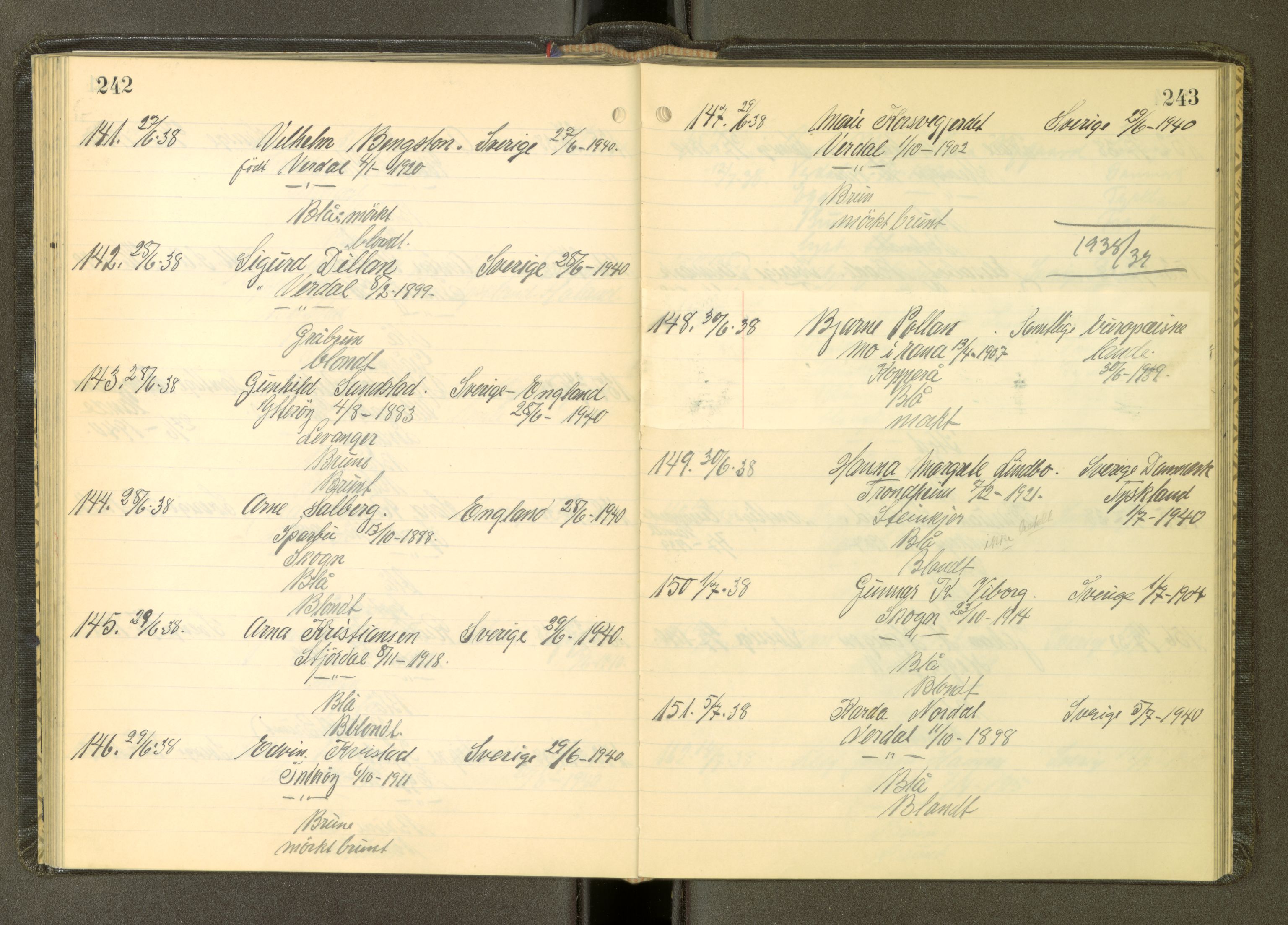 Inntrøndelag politikammer, AV/SAT-A-1854/4/I/Ia/L0001: Passprotokoll, 1934-1939, s. 242-243