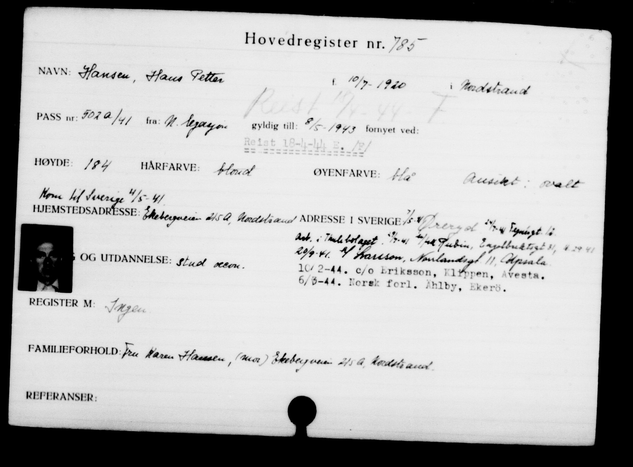 Utenriksstasjonene, Legasjonen i Stockholm, Flyktningkontoret, AV/RA-S-6753/V/Va/L0001: Kjesäterkartoteket, flyktninger med registreringsnr. 1-1000, 1940-1945, s. 1241