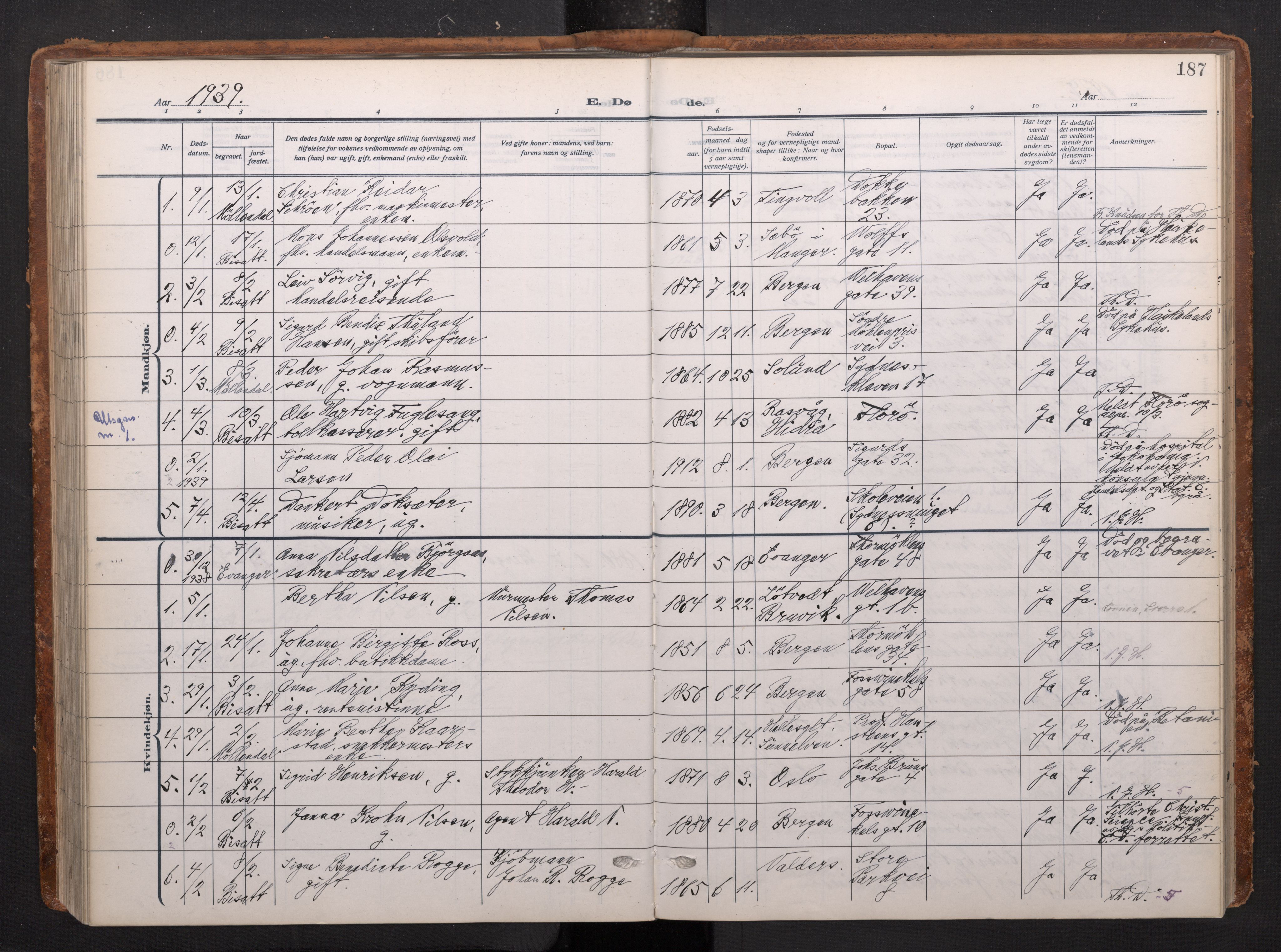 Johanneskirken sokneprestembete, AV/SAB-A-76001/H/Haa/L0020: Ministerialbok nr. E 2, 1916-1951, s. 187